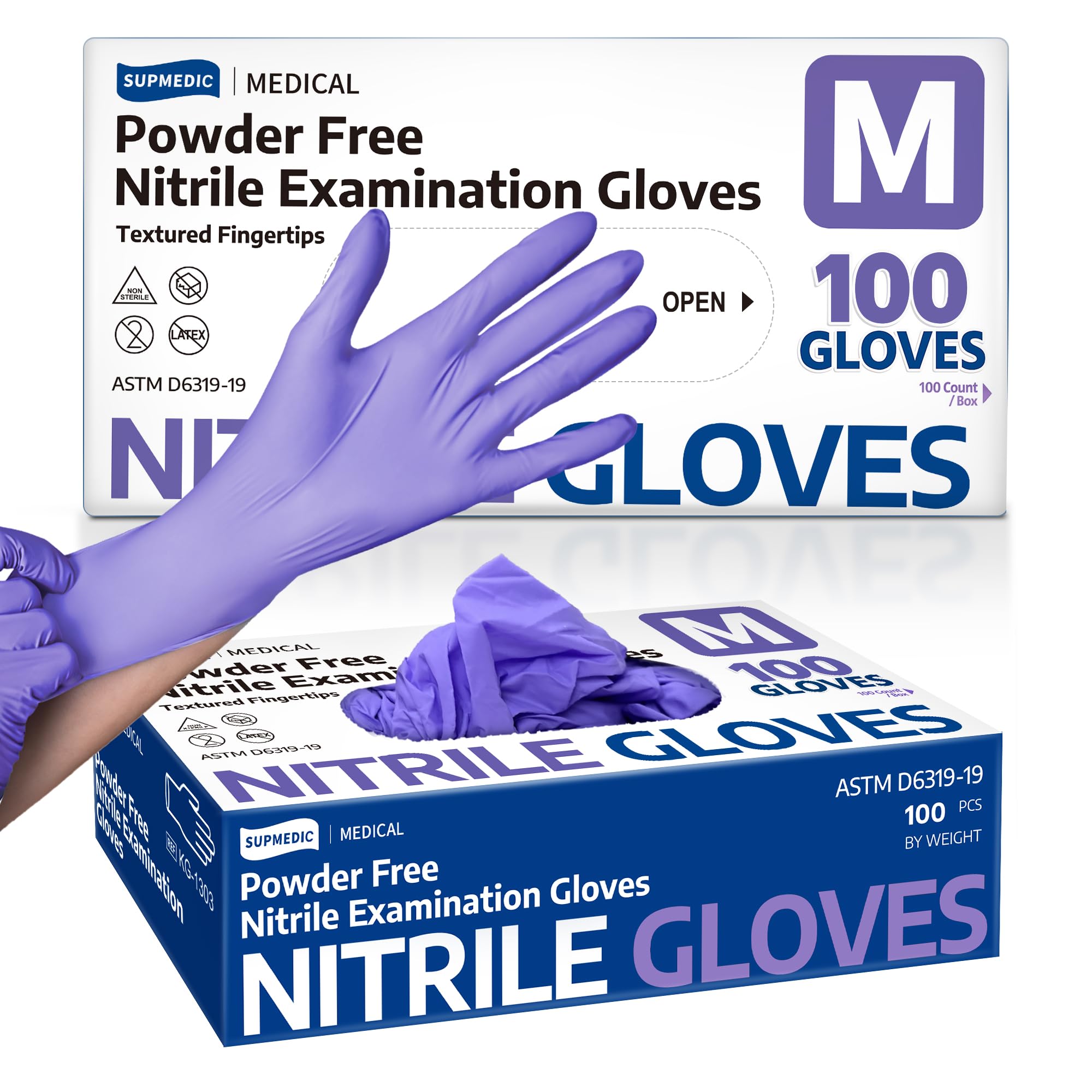 Supmedic Nitrile Exam Gloves, 3.5 Mil Powder-Free Food Safe Cleaning Chemo Rated Disposable Medical Glove, Violet Blue 100 Pcs (Medium)