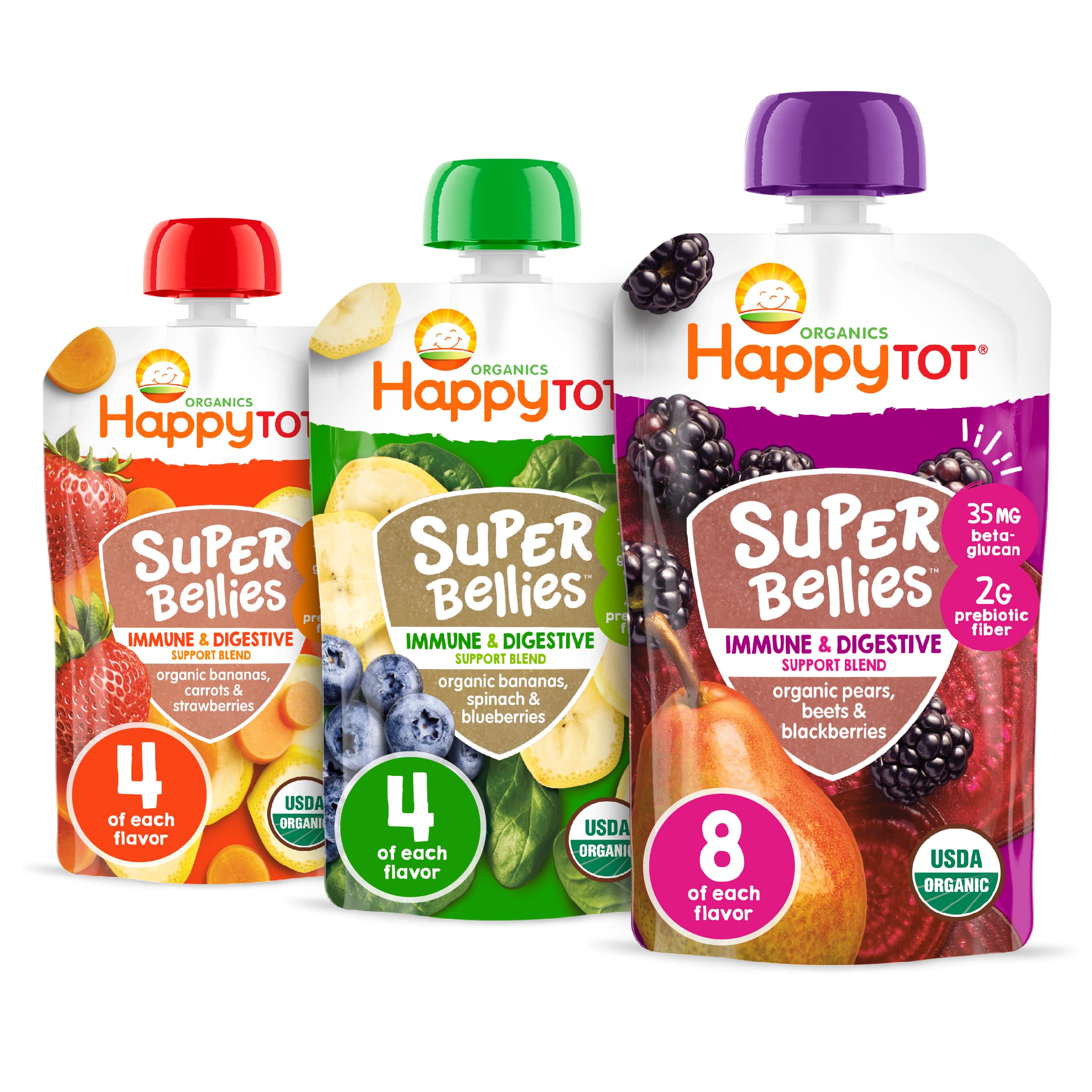 Happy Tot Organics Stage 4 Baby Food Pouches, Gluten Free, Vegan Snack, Super Bellies, Fruit & Veggie Puree, Variety Pack, 4 Ounce (Pack of 16), Amazon Exclusive