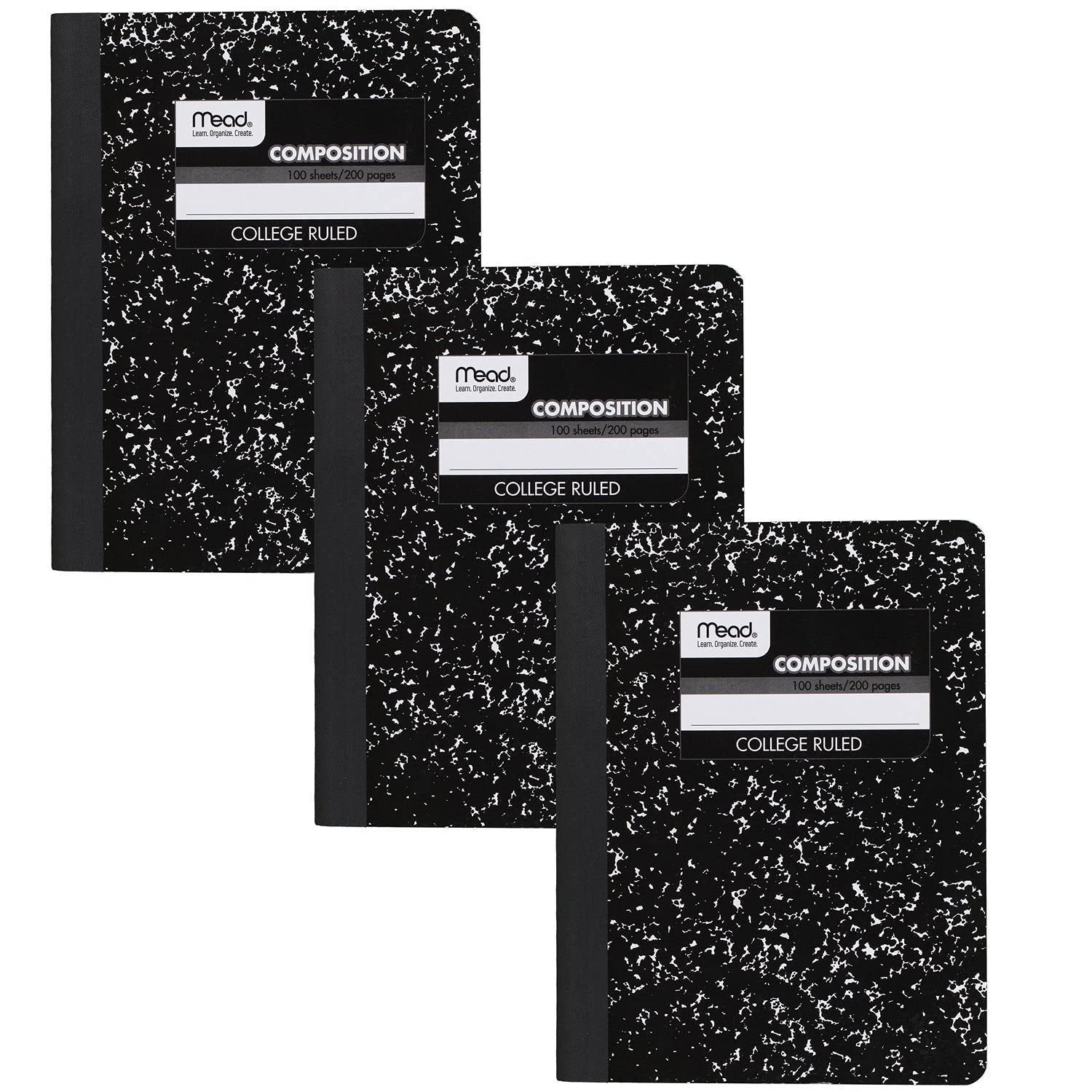 Mead Composition Notebooks, 3 Pack, College Ruled Paper, 9-3/4" x 7-1/2", 100 Sheets per Comp Book, Black Marble (38111)