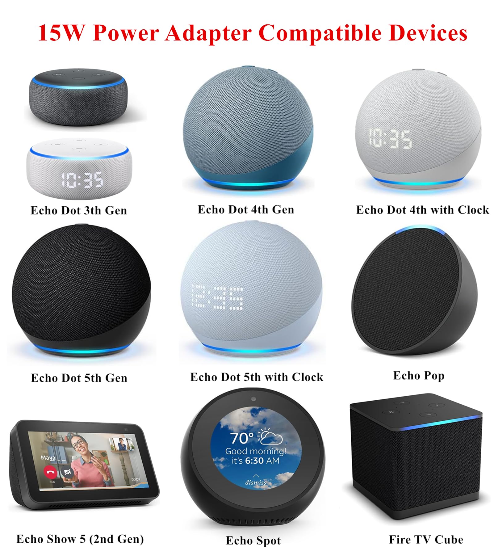 15W Power Adapter for Echo Dot (3rd/4th/5th Gen),Echo Dot with Clock (3rd/4th/5th Gen), Echo Dot Kids Edition, Echo Show 5(1st & 2nd Gen), Echo Spot,Pop, and Fire TV Cube, 5Ft Power Cord