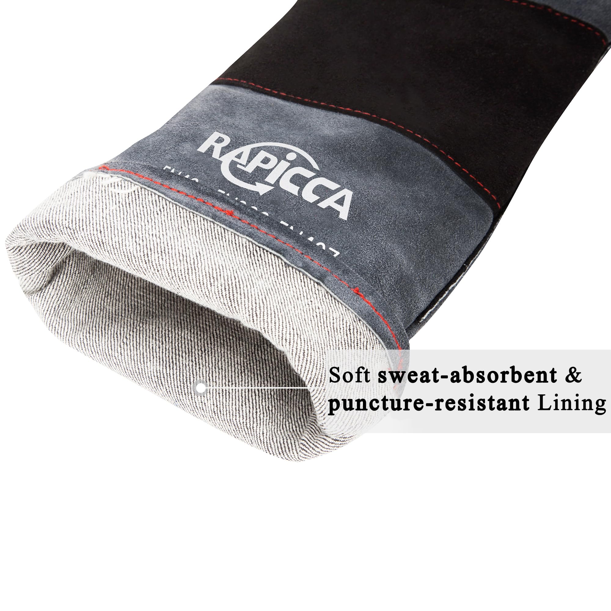 RAPICCA Animal Handling Gloves Bite Proof Double Leather Reinforced Padding Dog,Cat Scratch,Bird Handling Falconry Gloves Grabbing Reptile Squirrel Snake Bite 16in Grey-Black