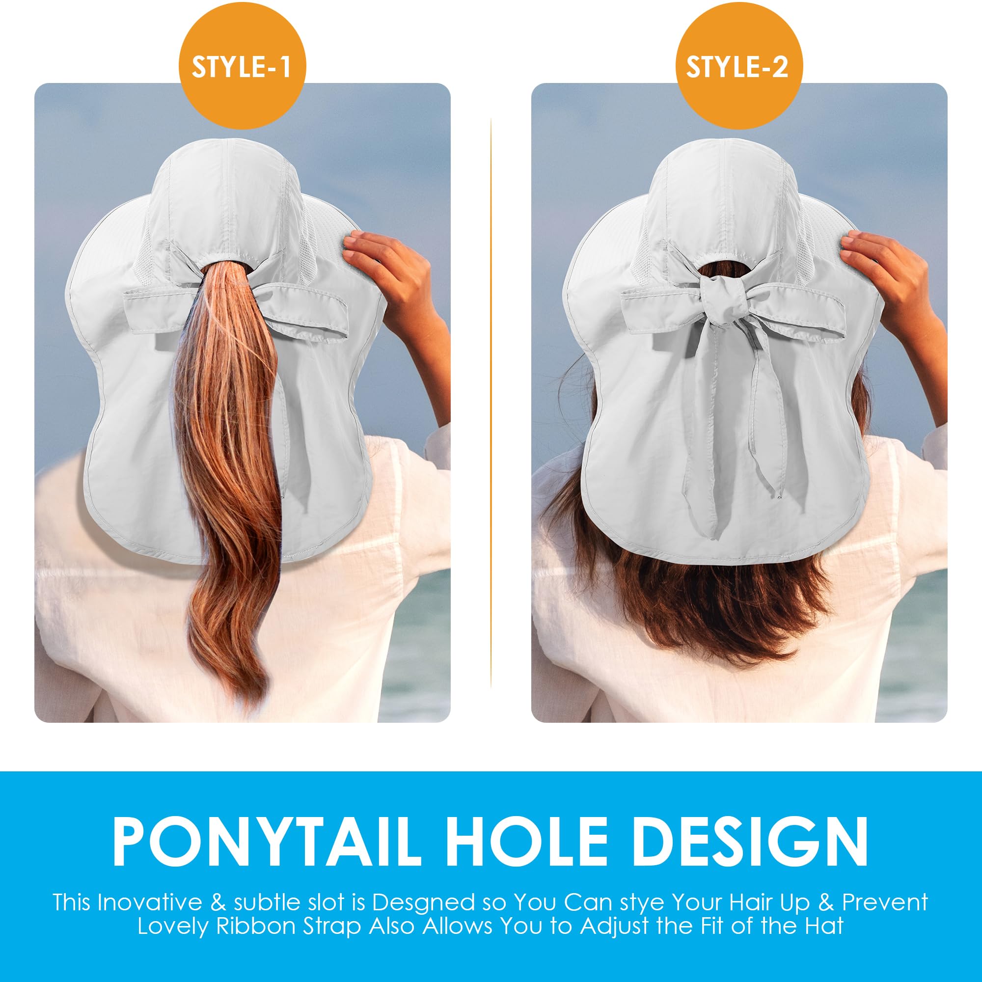 Womens Sun Hat UV Protection, Foldable Waterproof Wide Brim Bucket Hats with Neck Flap for Summer Beach Fishing Hiking Light Grey