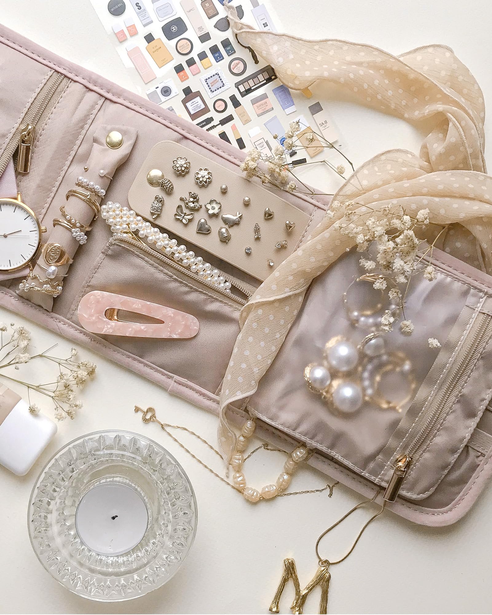 BAGSMART Travel Jewelry Organizer Case Foldable Jewelry Roll for Journey Rings, Necklaces, Earrings, Bracelets,Mini,Soft Pink