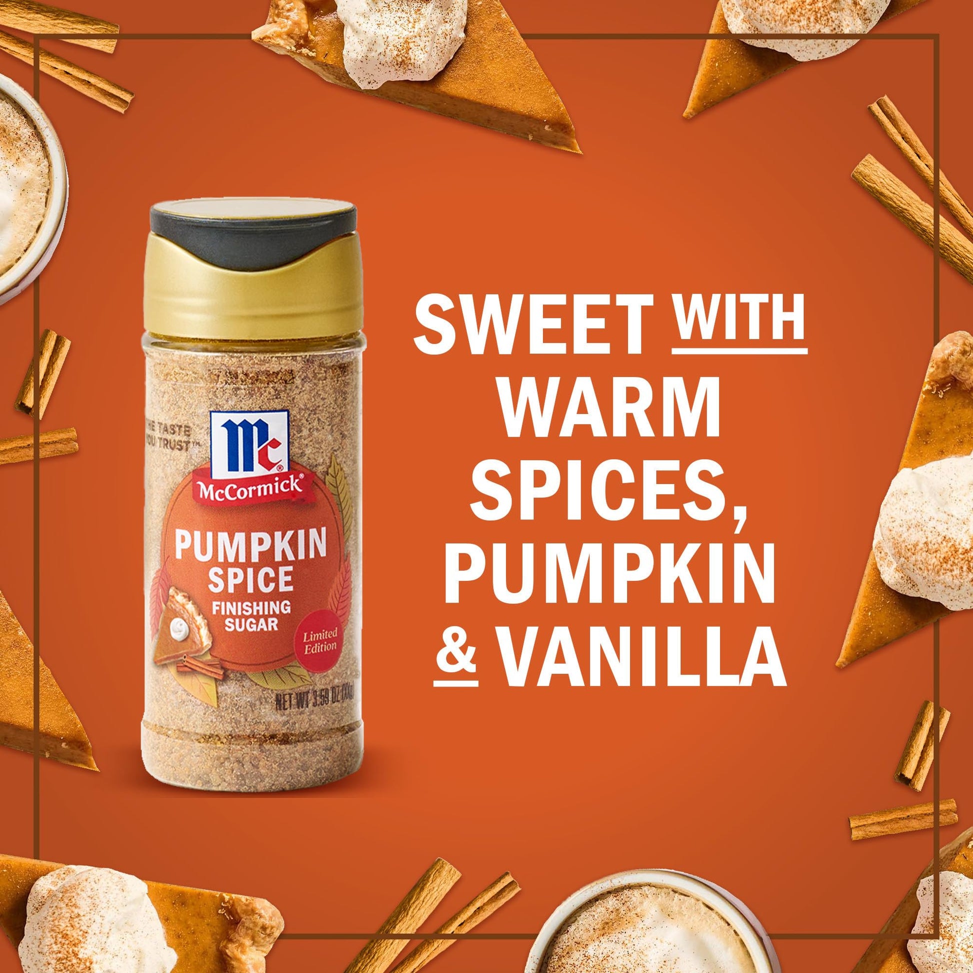 McCormick Finishing Sugar, Pumpkin Spice, Limited Edition, Sweet Blend of Warm Pumpkin Spices, The Perfect Finish for Cookies, Muffins, Pancakes, Bread, and More, 3.66 oz