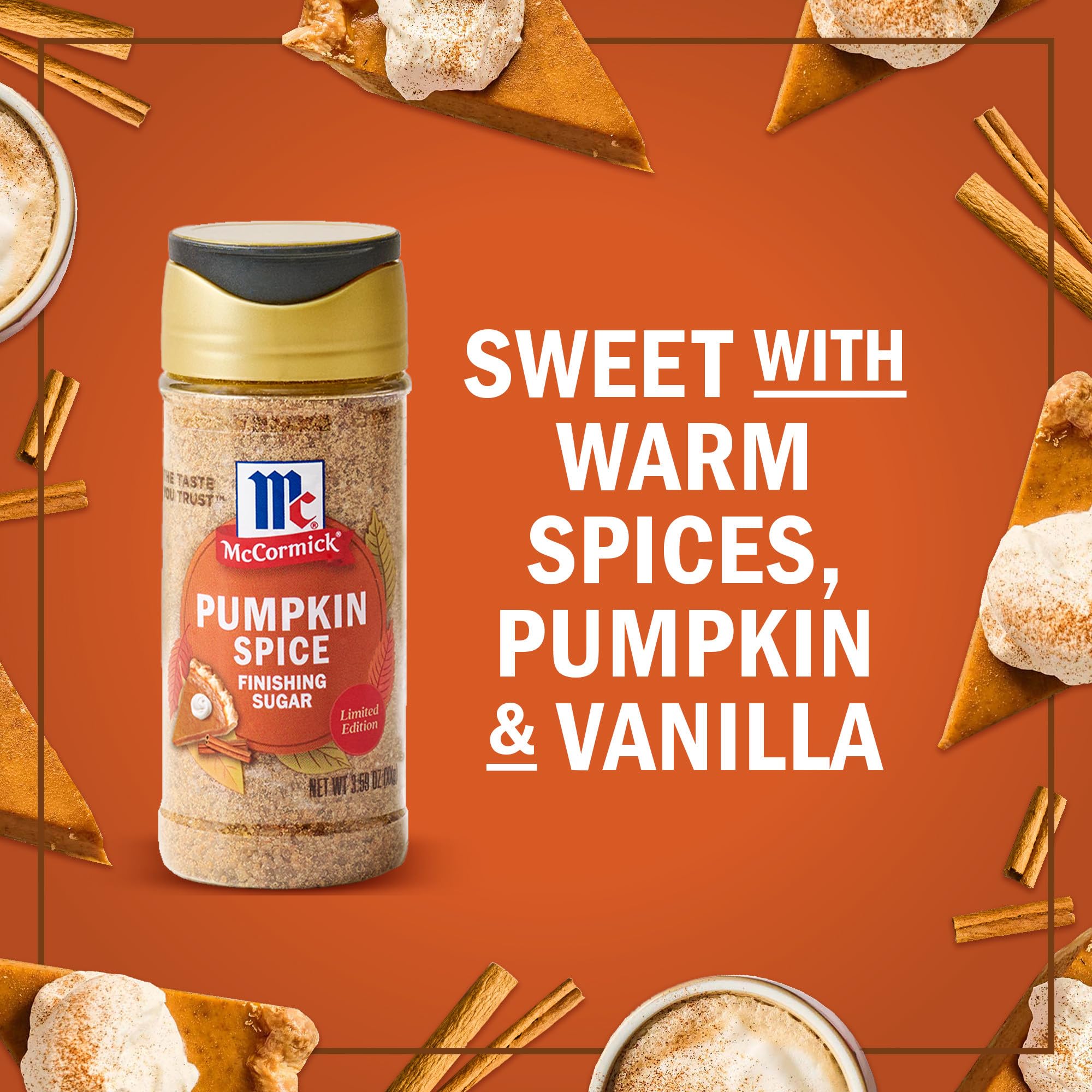McCormick Finishing Sugar, Pumpkin Spice, Limited Edition, Sweet Blend of Warm Pumpkin Spices, The Perfect Finish for Cookies, Muffins, Pancakes, Bread, and More, 3.66 oz
