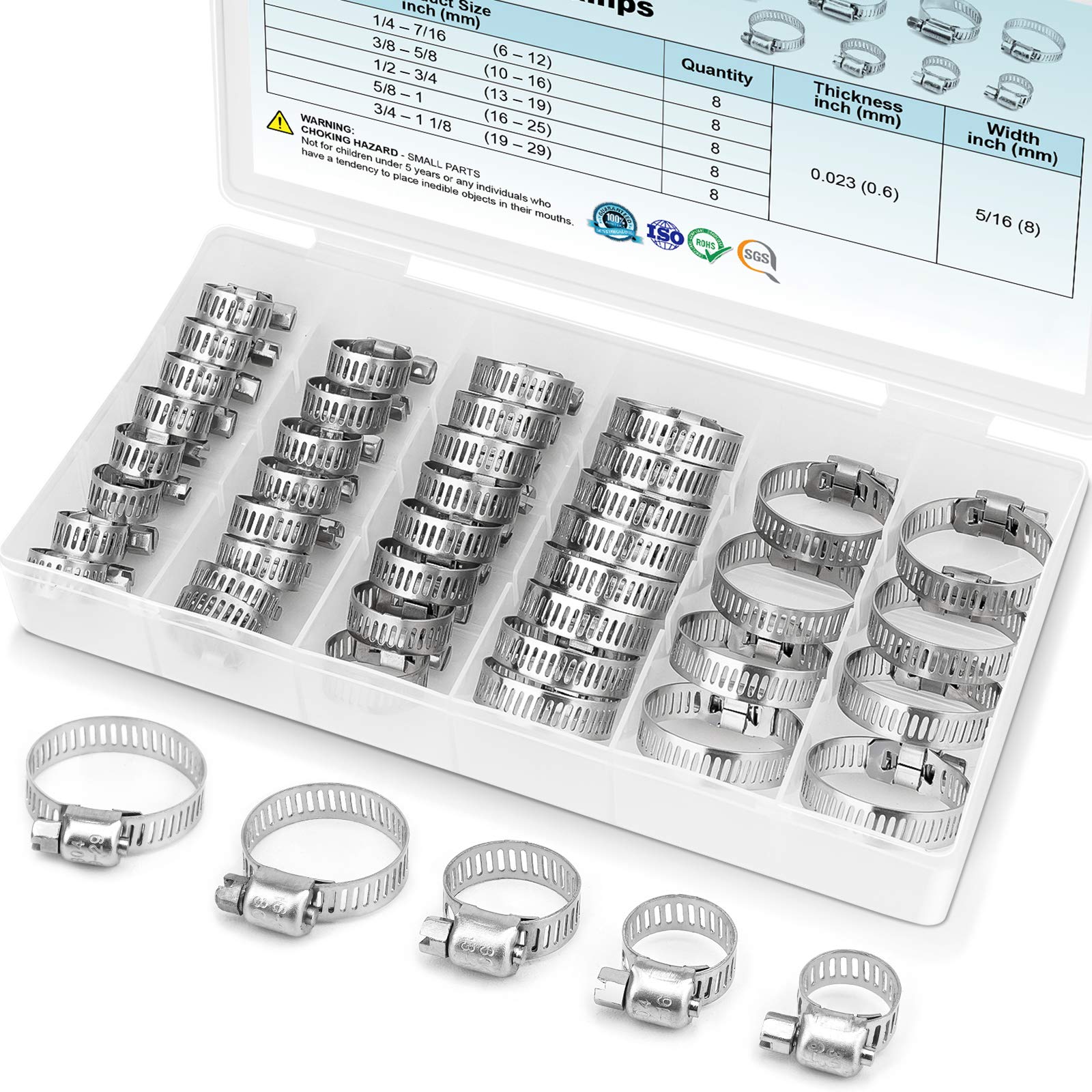 TICONN 40PCS Hose Clamp Set - 1/4''-1-1/8'' 304 Stainless Steel Worm Gear Hose Clamps for Pipe, Intercooler, Plumbing, Tube and Fuel Line