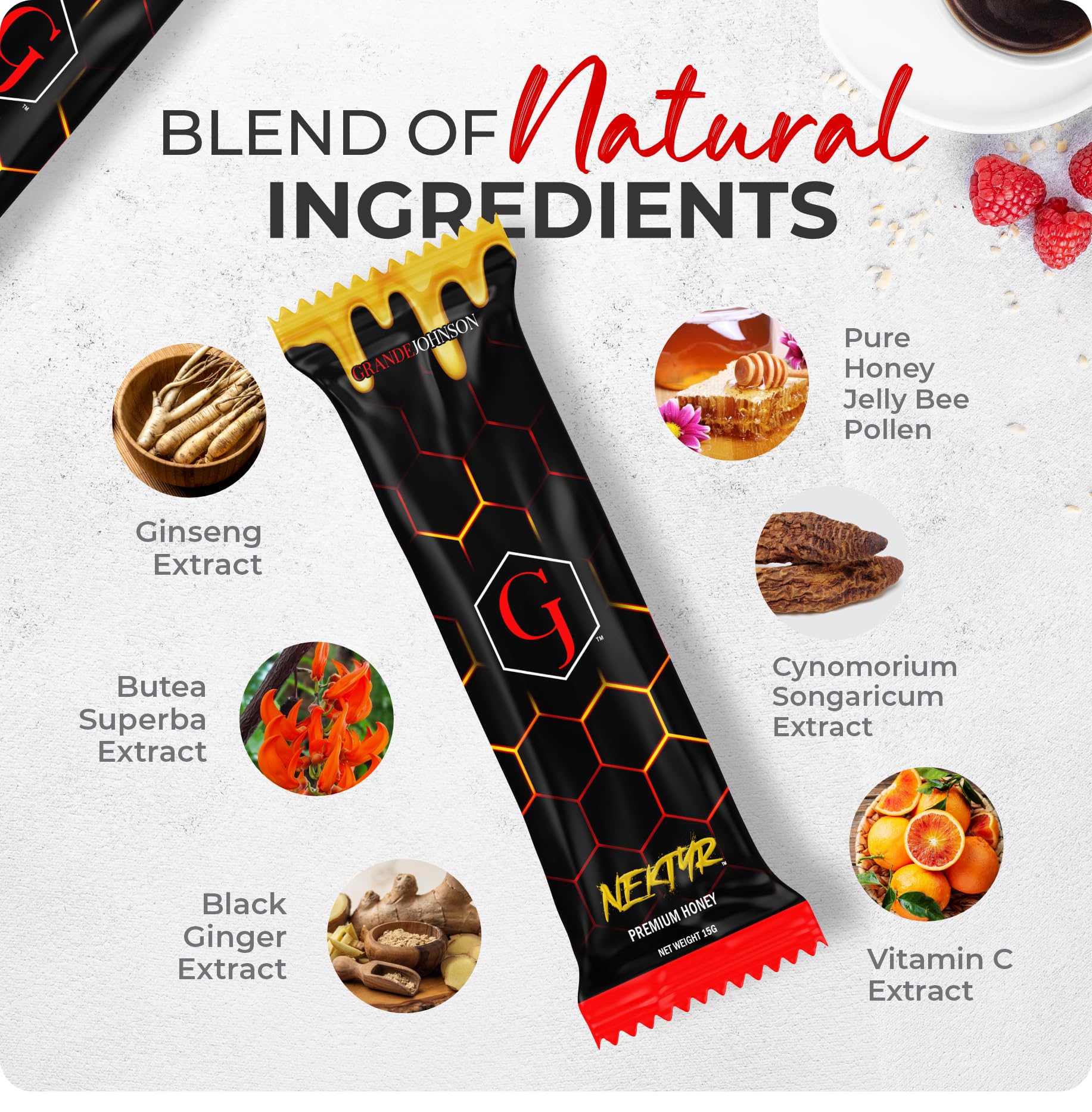 Grande Johnson - Nektyr - Organic Premium Natural Pure Honey with Jelly Bee Pollen - Pack of 3