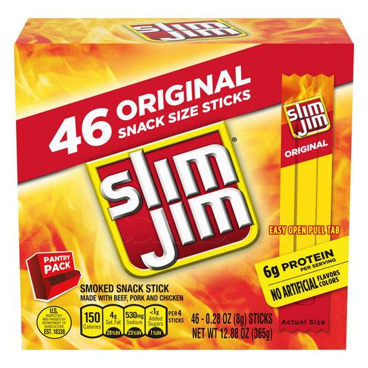 Slim Jim Smoked Meat Sticks, Original Flavor, 6g Protein Per Serving, Snack Size, 0.28 oz. (46 Count)