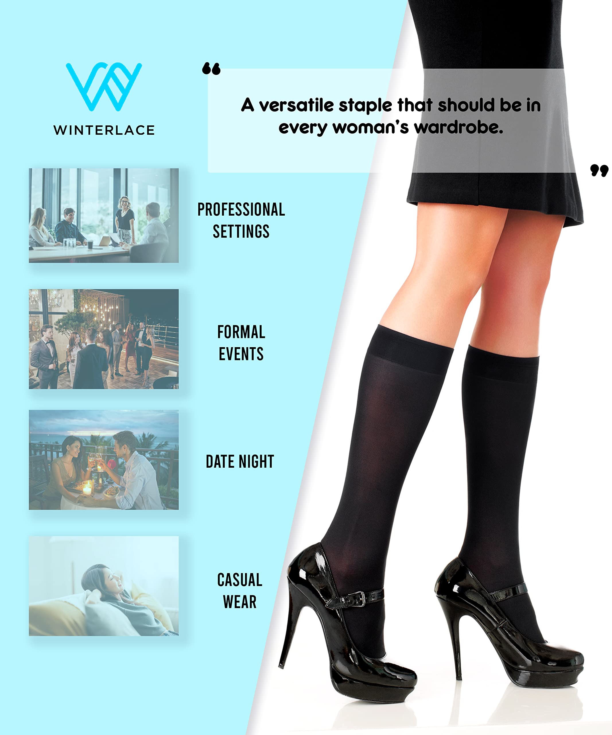 Women’s Trouser Socks, Opaque Stretchy Nylon Knee High, Black, 6 Pairs