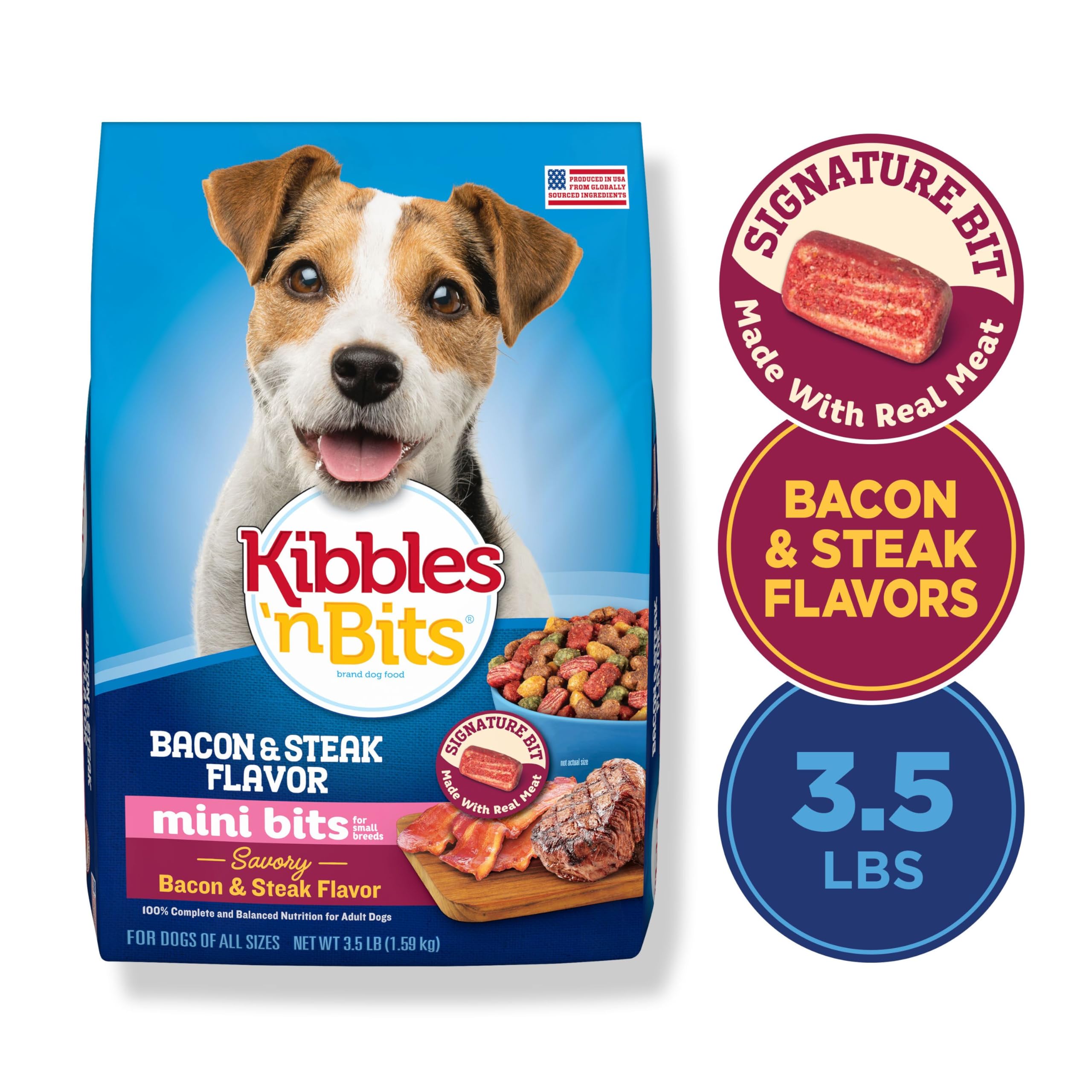 Kibbles 'n Bits Mini Bits Small Breed Dry Dog Food, Savory Bacon & Steak Flavor for Adult Dogs, 3.5 lb. Bag
