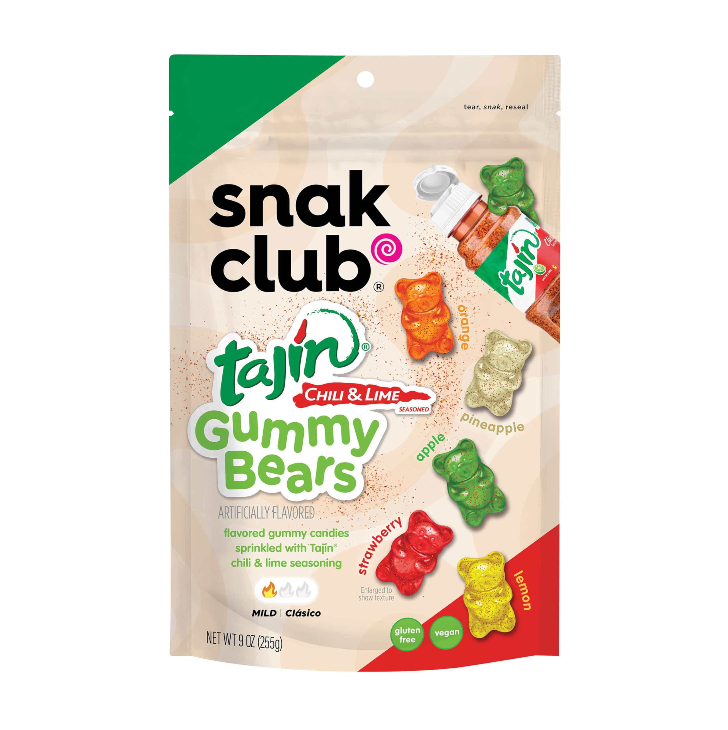 Snak Club Tajin Gummy Bears, Assorted Fruit Candy Gummies with Chili and Lime Seasoning, Mild, Gluten-Free and Vegan Snacks, 9 oz Resealable Bag