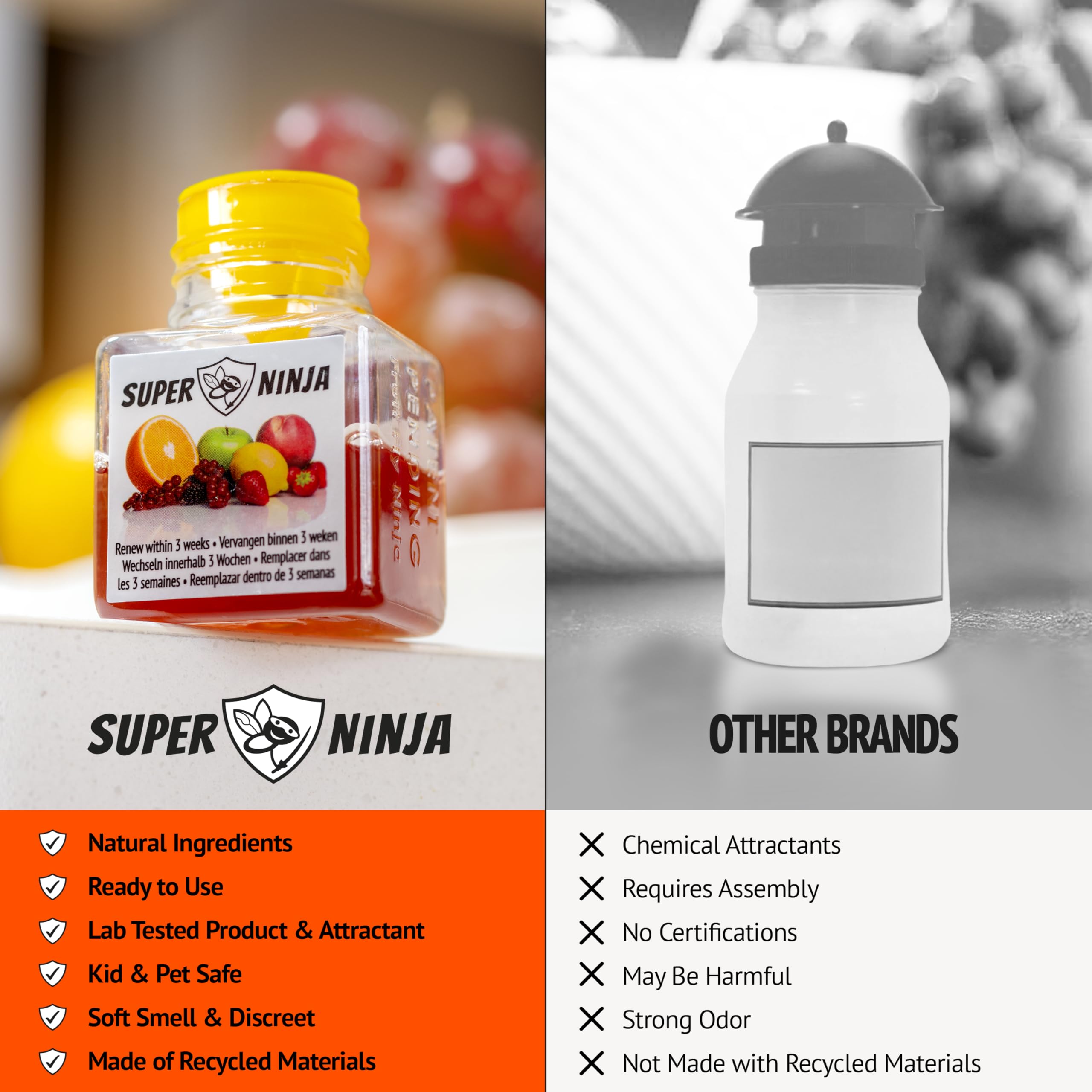 Super Ninja Fruit Fly Traps for Indoors - 4 Pack, Highly Effective Fruit Fly Catcher for Indoor Use for Home & Kitchen, Up to 3 Weeks of Performance per Bottle, Kid & Pet Friendly