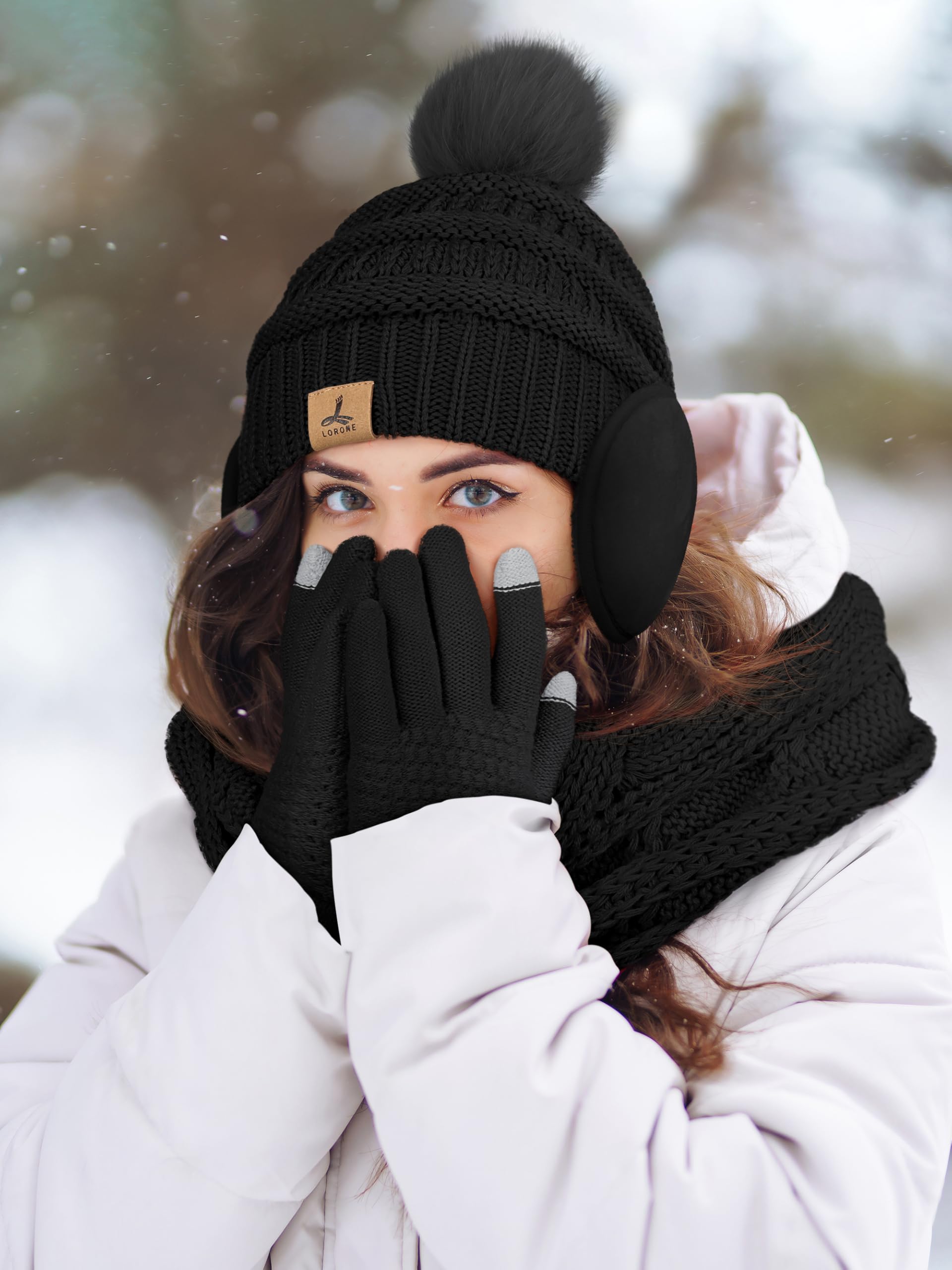 Winter Hat Scarf Gloves and Ear Warmer, Warm Knit Beanie Hat Touch Screen Gloves Set Winter Gifts Neck Scarves for Women Black