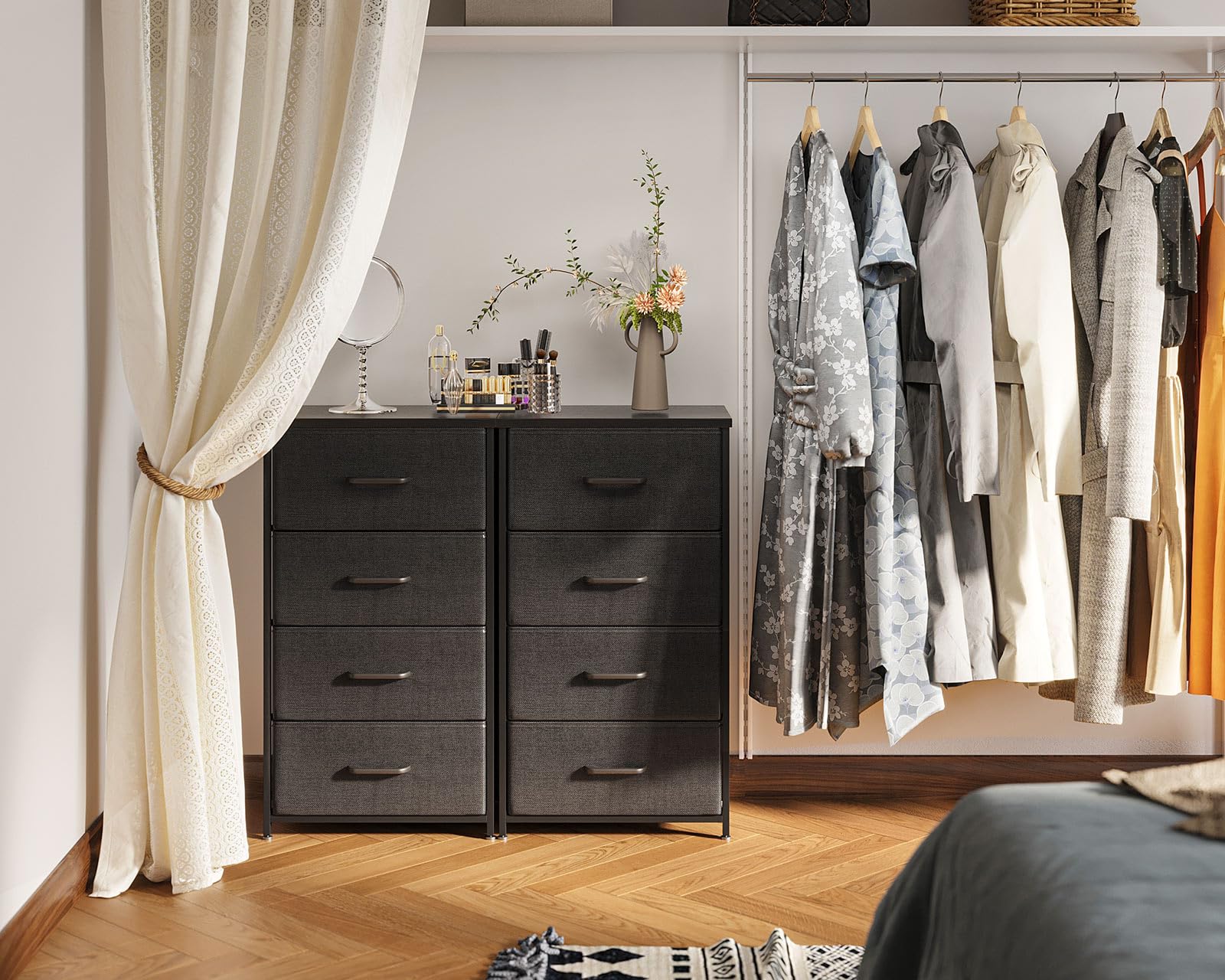 AODK Dresser for Bedroom with 4 Storage Drawers, Small Dressers Chest of Drawers Fabric Dresser with Sturdy Steel Frame, Black