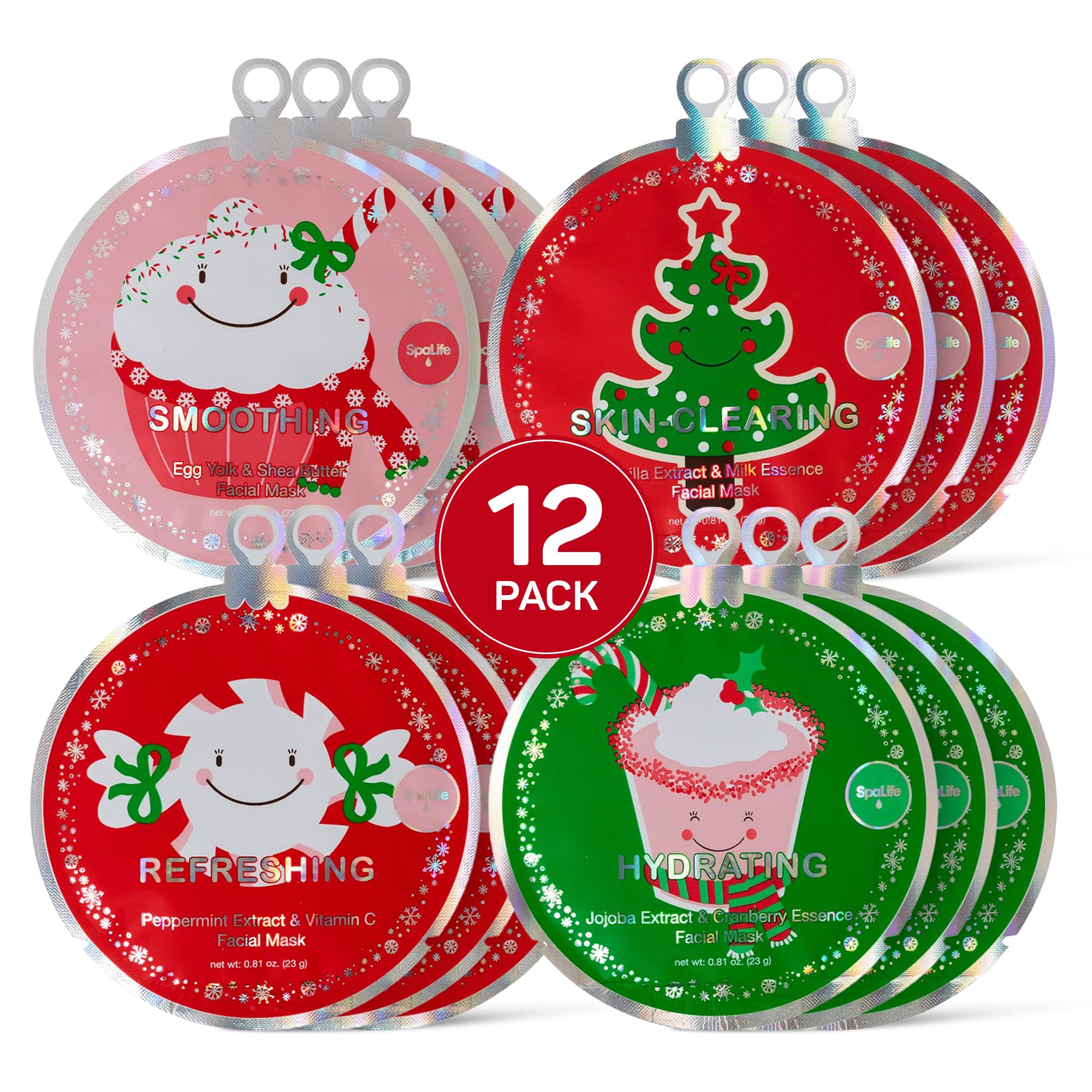 SpaLife Holiday Treats Facial Masks 12-Pack Assorted - Festive Christmas Skincare for Soothing and Nourishing - Gingerbread, Sundae, Cocoa & Eggnog