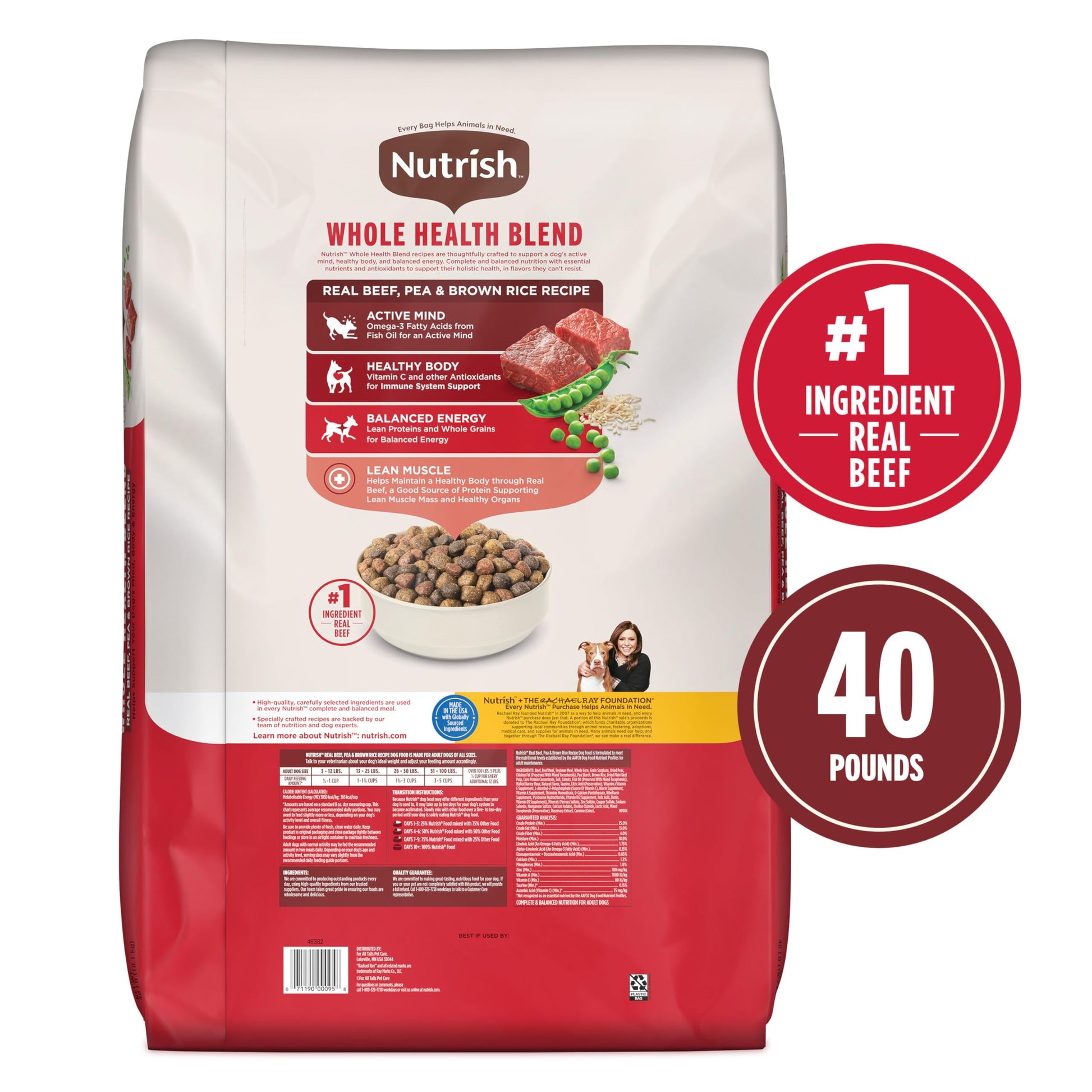 Nutrish Dry Dog Food, Real Beef, Pea & Brown Rice Recipe Whole Health Blend for Adult Dogs, 40 lb. Bag, Packaging May Vary (Rachael Ray)