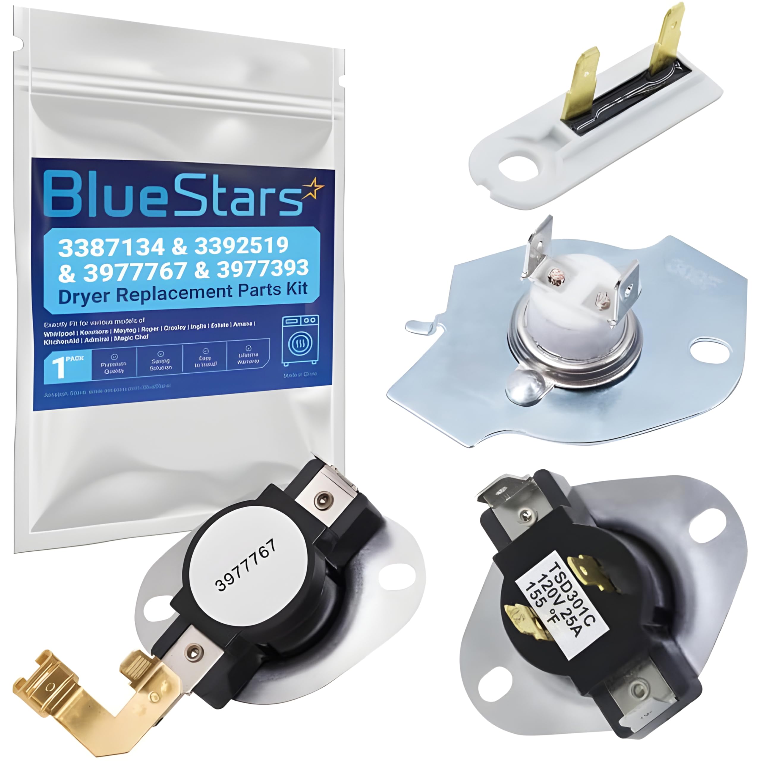 BlueStars [LIFETIME WARRANTY] 3387134 Cycling Thermostat 3392519 Dryer Thermal Fuse 3977393 Thermal Cut-off Switch 3977767 High-limit Thermostat Kit - Compatible with Whirlpool Kenmore Maytag Dryers