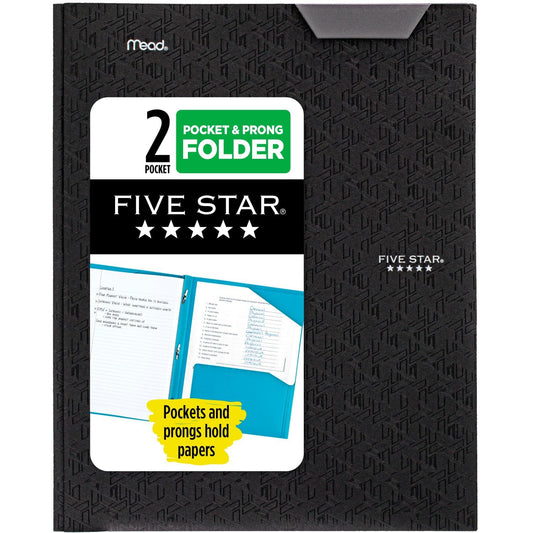 Five Star 2 Pocket Folder, Stay-Put Folder, Plastic Colored Folders with Pockets & Prong Fasteners for 3-Ring Binders, Great for Home School Supplies & Home Office, 11” x 8-1/2, Black (72113)