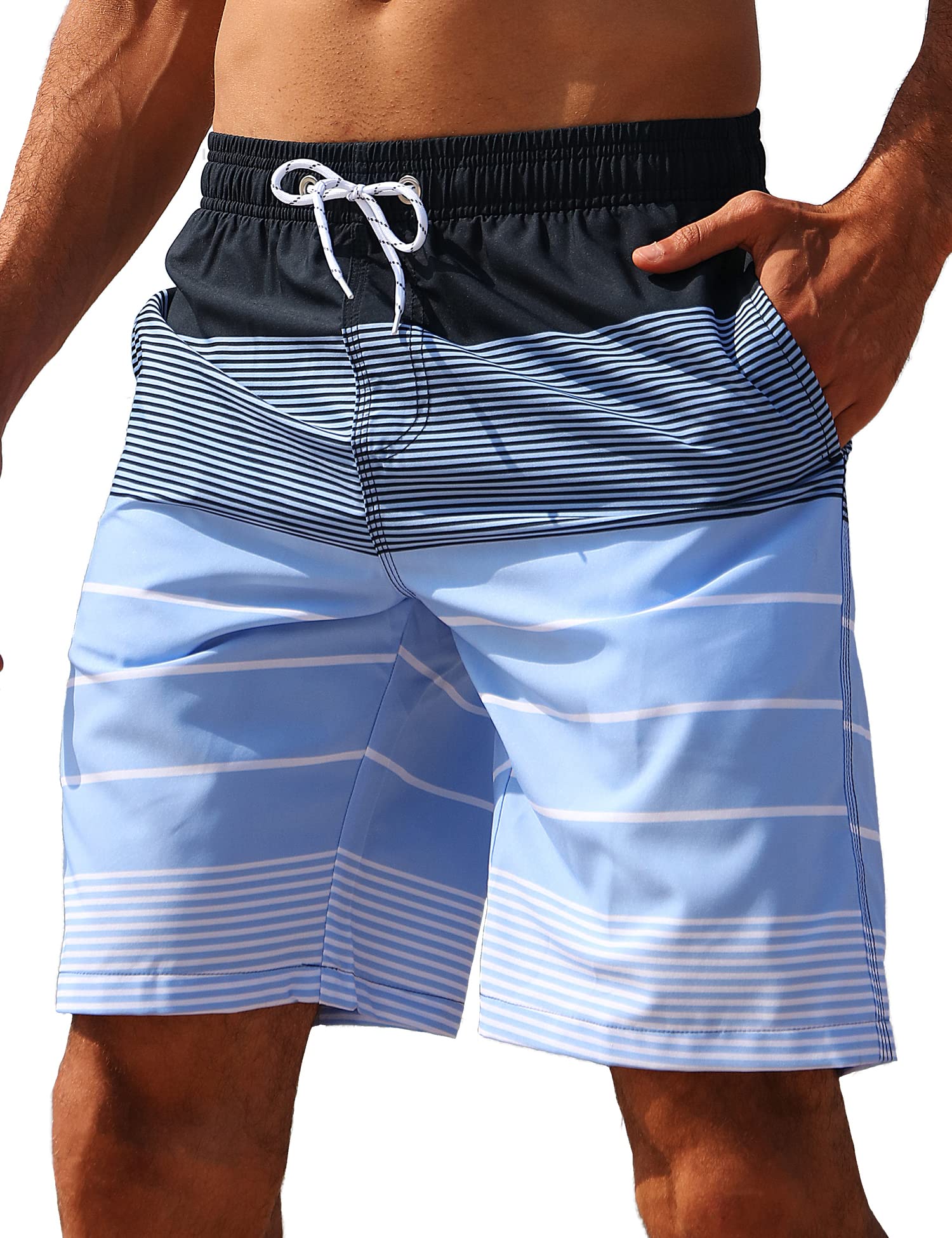 ELETOP Men's Swim Trunks Quick Dry Bathing Suit Swimming Board Shorts Mesh Lining Beach Swimwear Stripe Blue L