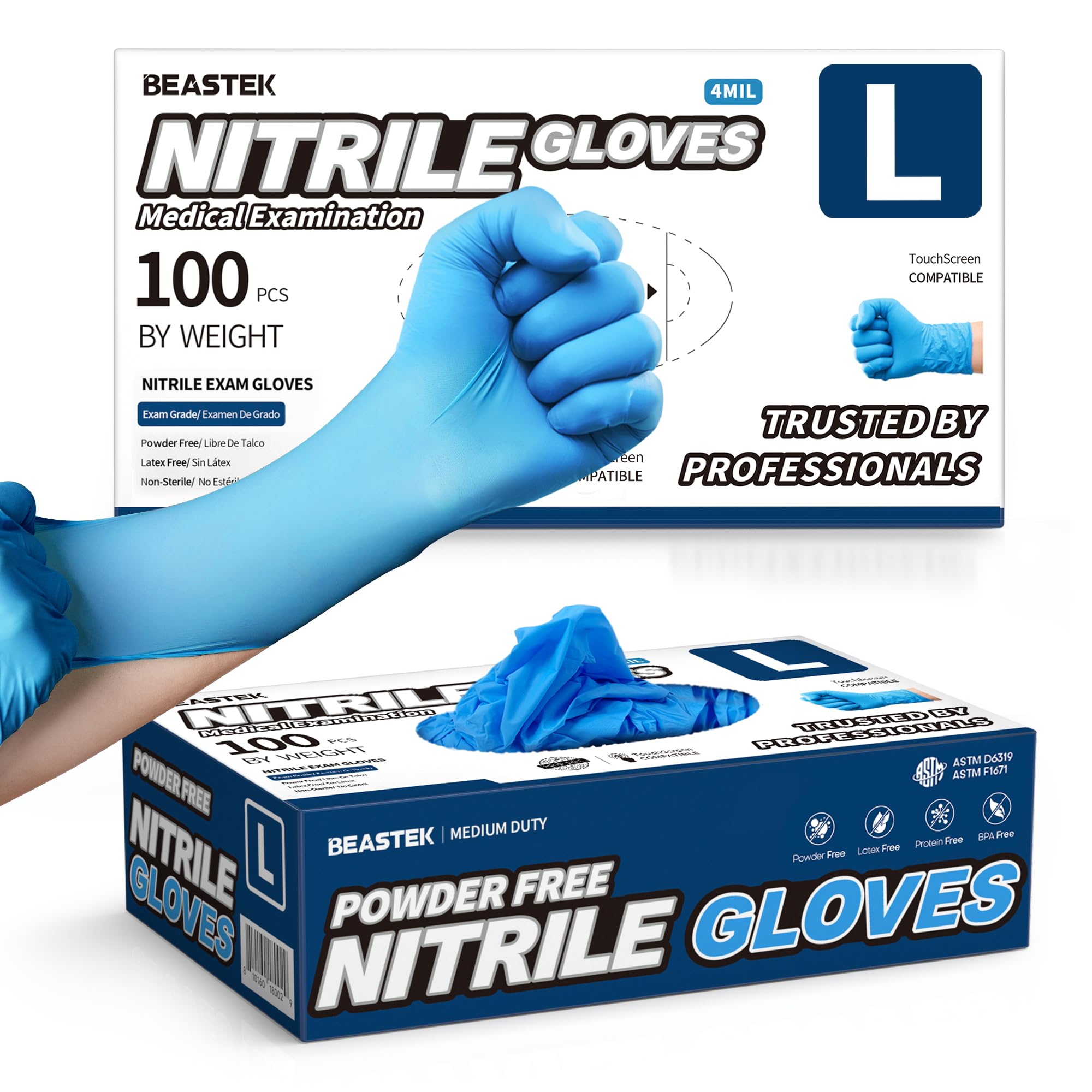 Beastek Blue Nitrile Exam Gloves, 4 mil Powder-Free Latex-Free Non-Sterile Food Safe Disposable Medical Glove, 100 Pcs (Large)