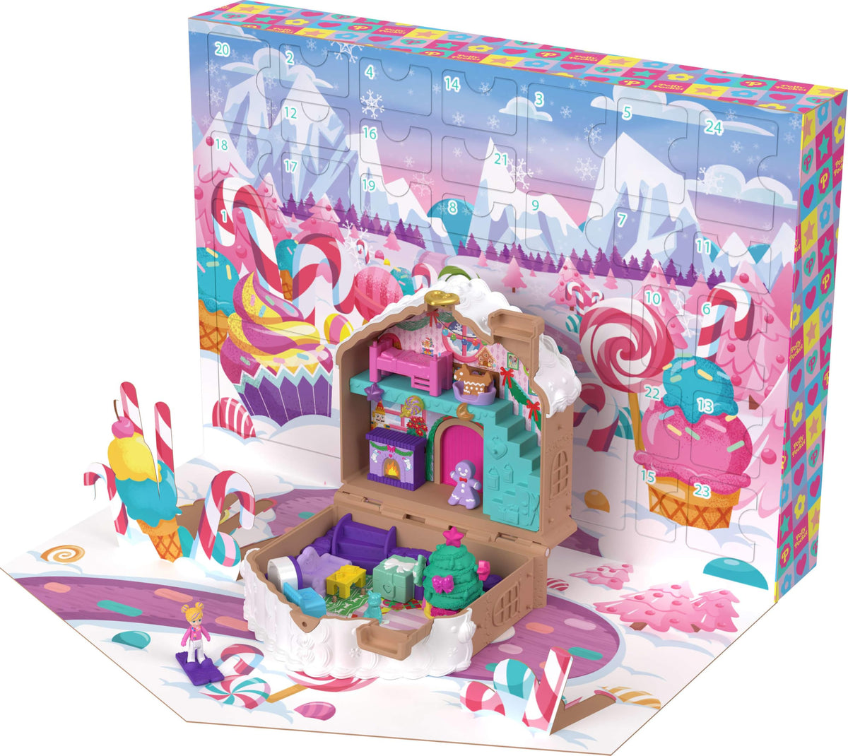 تقويم مجيء دمية Polly Pocket، مجموعة ألعاب منزل خبز الزنجبيل بنفسك مع أكثر من 24 مفاجأة، أثاث بيت الدمى، وإكسسوارات العطلات