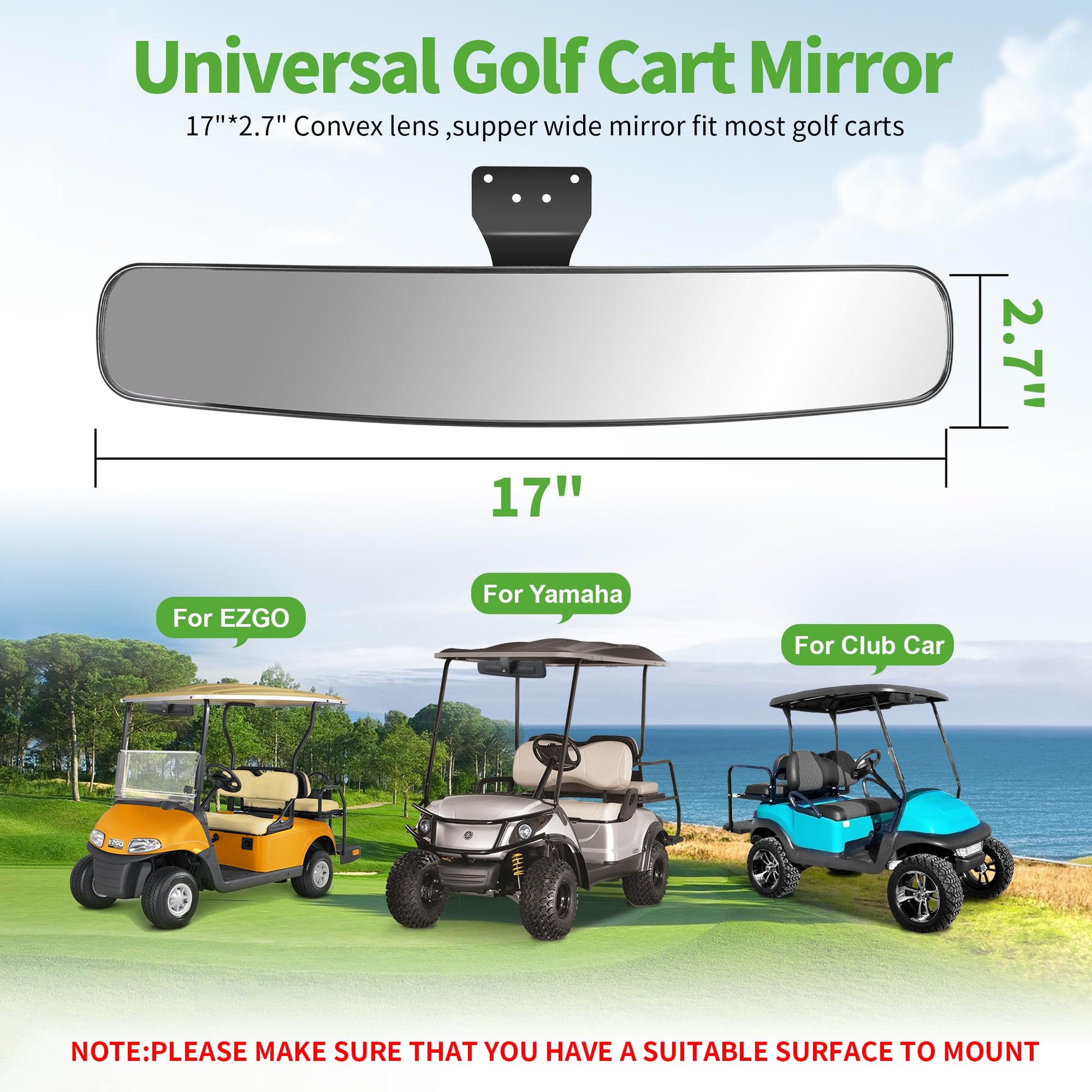 10L0L Universal Adjustable Golf Cart Panoramic Rear View Mirror, Rotatable 270 Rotation 16.5"Wide Angle Full Rearview Golf Cart Mirror for EZ Go, Club Car, Yamaha