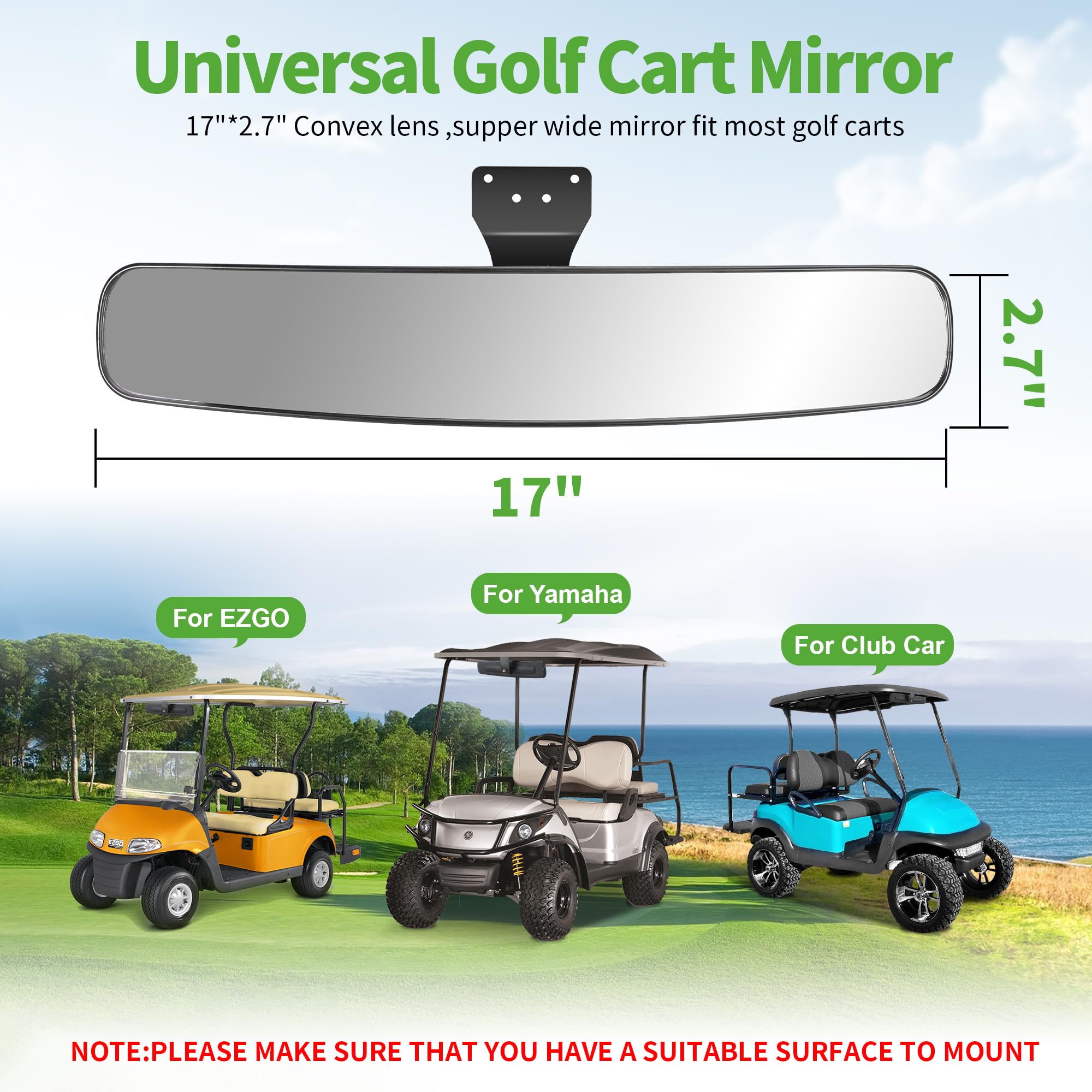 10L0L Universal Adjustable Golf Cart Panoramic Rear View Mirror, Rotatable 270 Rotation 16.5"Wide Angle Full Rearview Golf Cart Mirror for EZ Go, Club Car, Yamaha