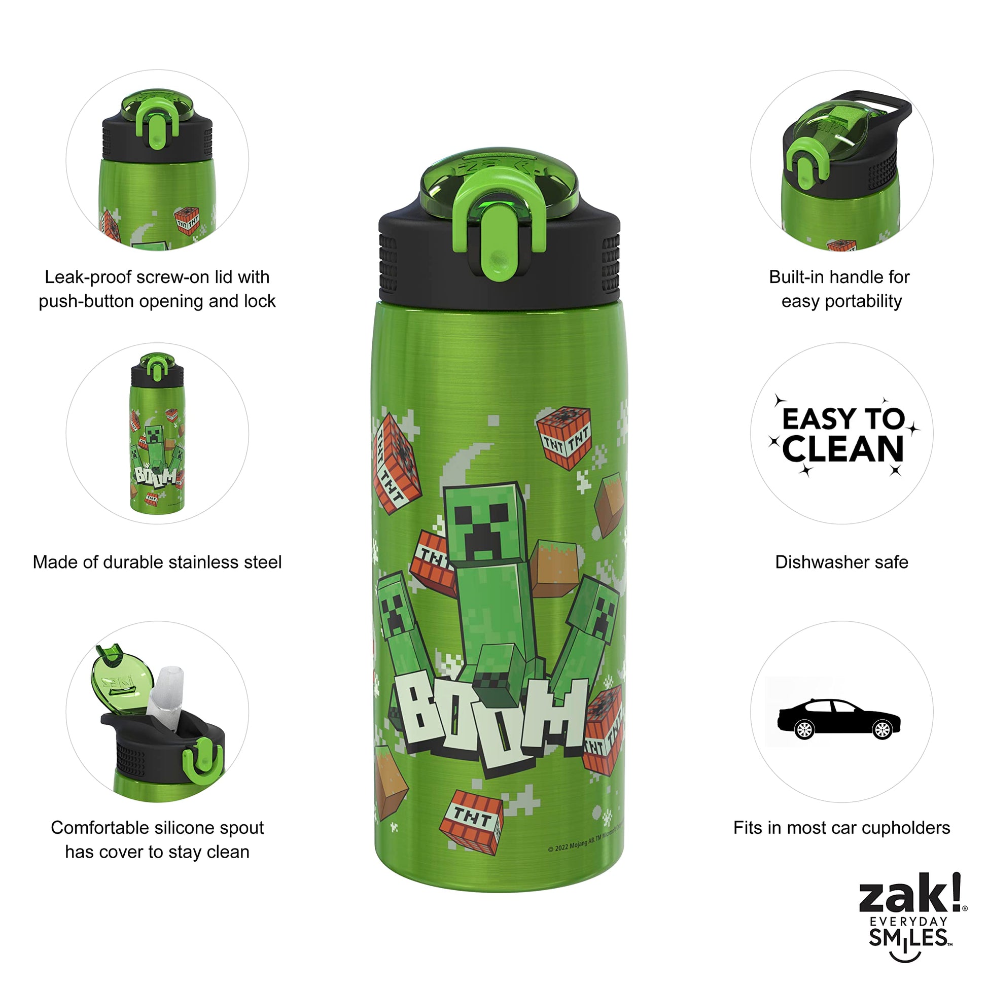 Zak Designs Minecraft Water Bottle for Travel and At Home, 19 oz Vacuum Insulated Stainless Steel with Locking Spout Cover, Built-In Carrying Loop, Leak-Proof Design (Creeper)