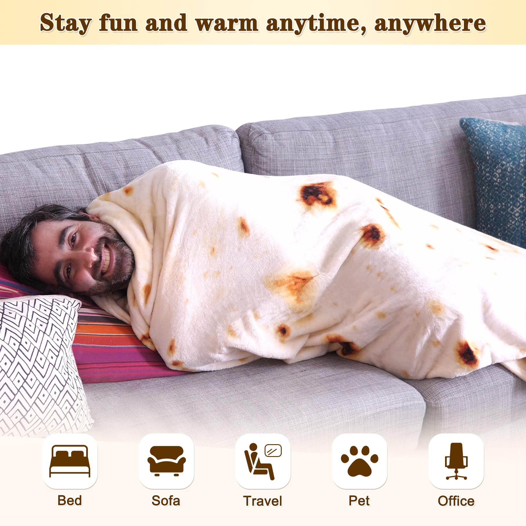 mermaker Burritos Tortilla Throw Blanket 2.0 Double Sided 71 inches for Adult and Kids, Giant Funny Realistic Food Blankets, 285 GSM Novelty Soft Flannel Taco Blanket (Yellow -Double Sided)