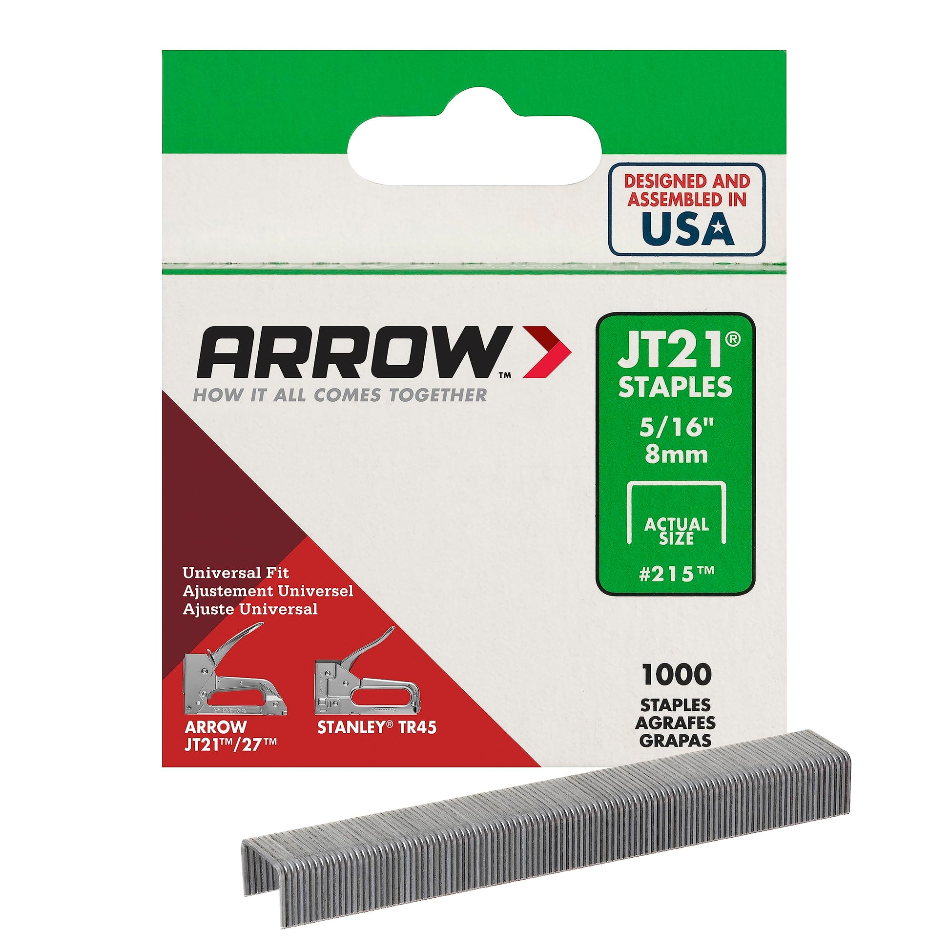 Arrow 215 JT21 Thin Wire Staples for Staple Guns and Staplers, Use for Upholstery, Crafts, General Repairs, 5/16-Inch Leg Length, 7/16-Inch Crown Width, 1000-Pack, Made in the USA
