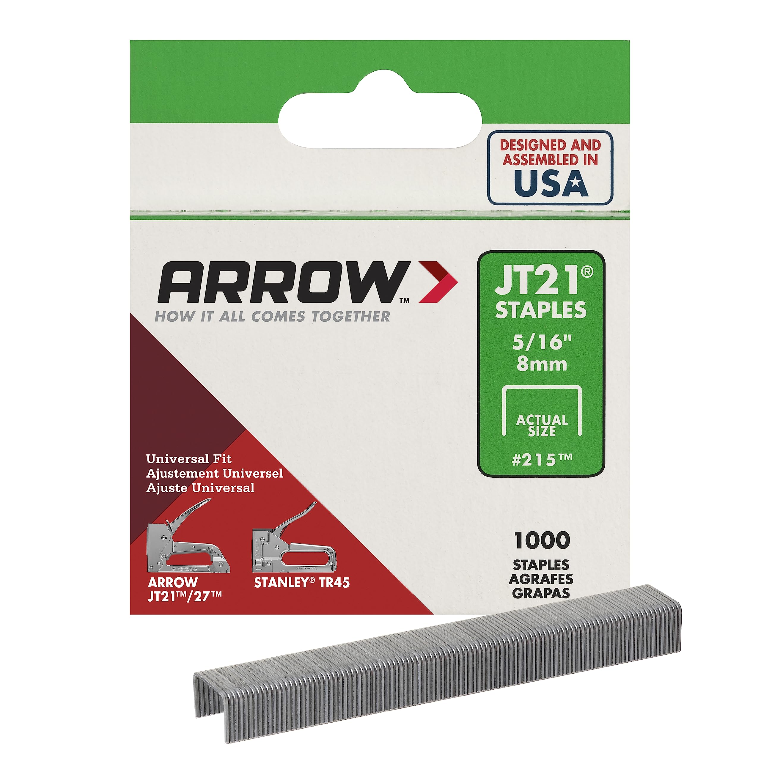 Arrow 215 JT21 Thin Wire Staples for Staple Guns and Staplers, Use for Upholstery, Crafts, General Repairs, 5/16-Inch Leg Length, 7/16-Inch Crown Width, 1000-Pack, Made in the USA
