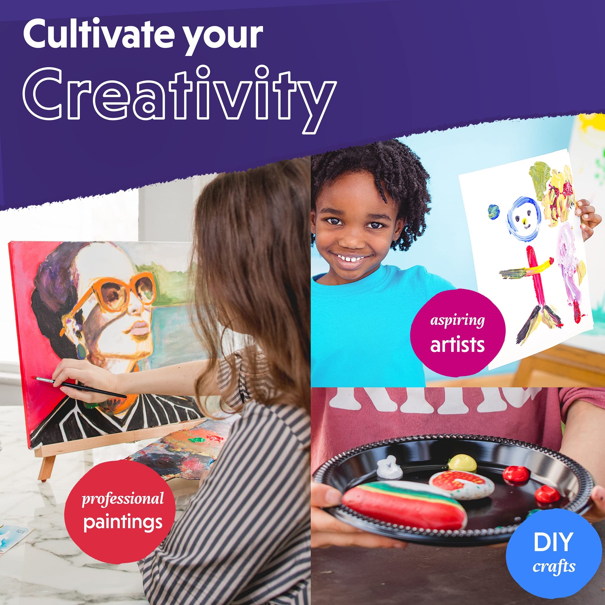 Acrylic Paint Set for Adults and Kids - 24 Pack of 12mL Paints with 3 Art Brushes, Non-Toxic Craft Paint for Easter Eggs, Ceramic Rock Paint - Art Supplies