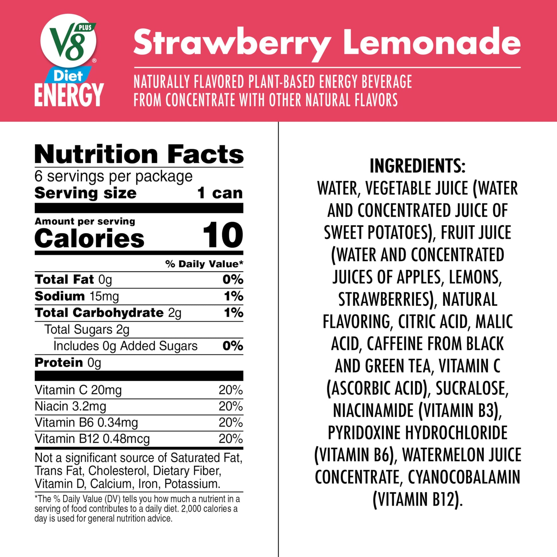V8 Energy Diet Strawberry Lemonade Juice Energy Drink, 8 fl oz Can (6 Pack)