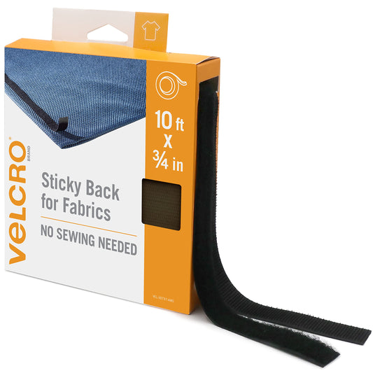 VELCRO Brand Sticky Back for Fabrics, 10 Ft Bulk Roll No Sew Tape with Adhesive, Cut Strips to Length Peel and Stick Bond to Clothing for Hemming Replace Zippers and Snaps, Black