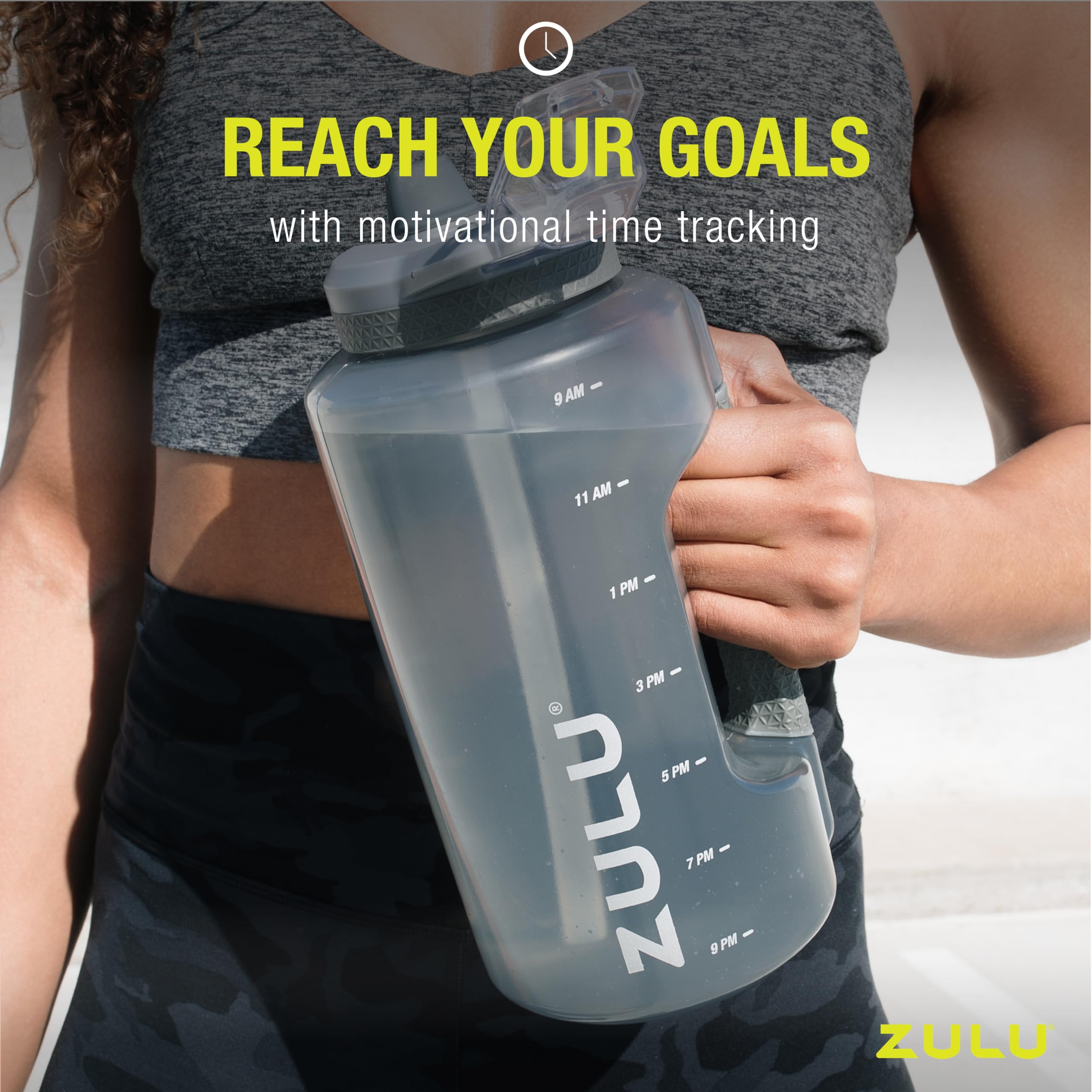 ZULU Goals 64oz Large Half Gallon Jug Water Bottle with Motivational Time Marker, Covered Straw Spout and Carrying Handle, Perfect for Gym, Home, and Sports, Grey