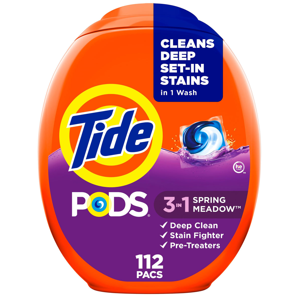 Tide PODS Waschmittel-Kapseln, 3-in-1 Fleckenentferner, Geruchskiller, Farbschutz, 112 Stück, HE-kompatibel, Duftrichtung Spring Meadow