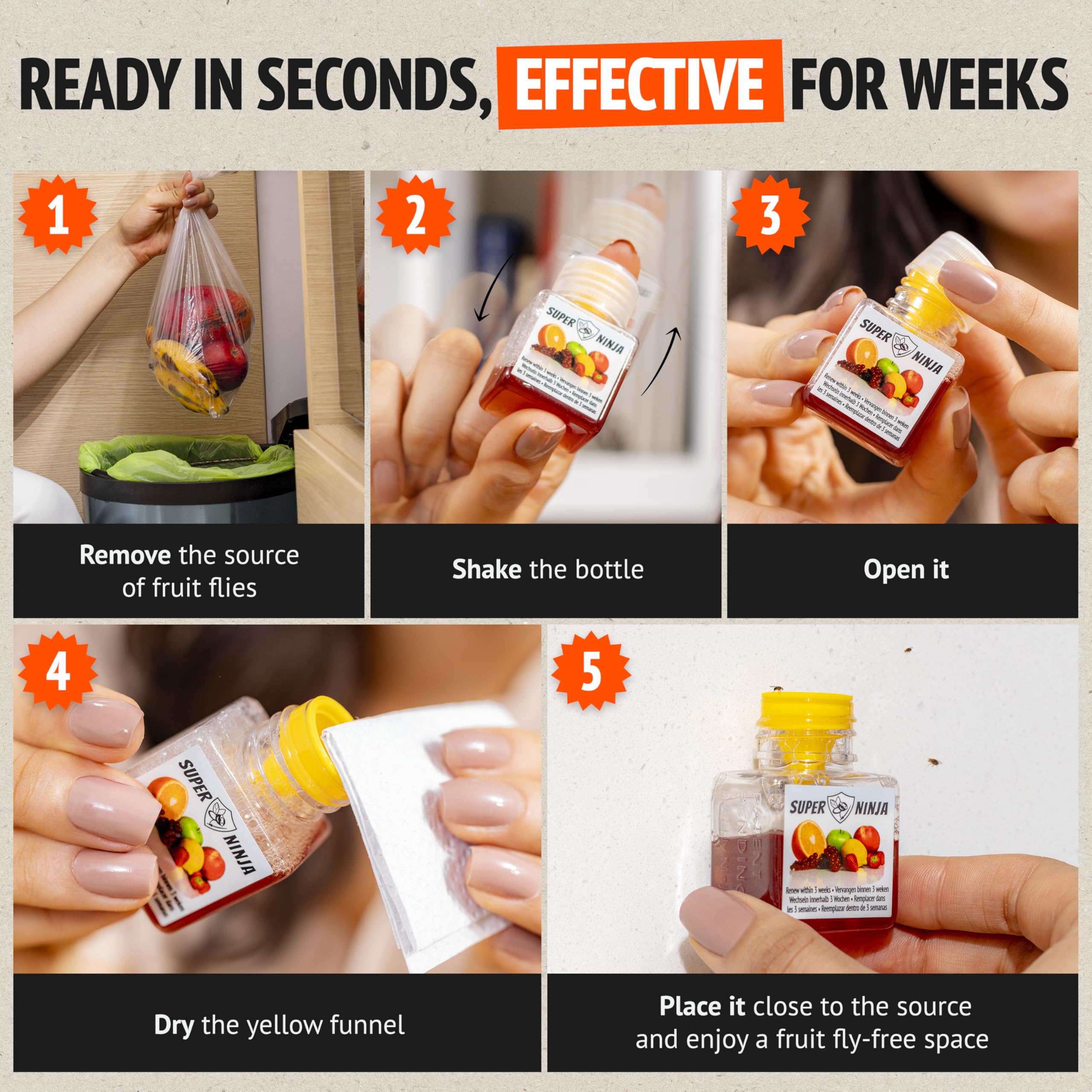 Super Ninja Fruit Fly Traps for Indoors - 4 Pack, Highly Effective Fruit Fly Catcher for Indoor Use for Home & Kitchen, Up to 3 Weeks of Performance per Bottle, Kid & Pet Friendly