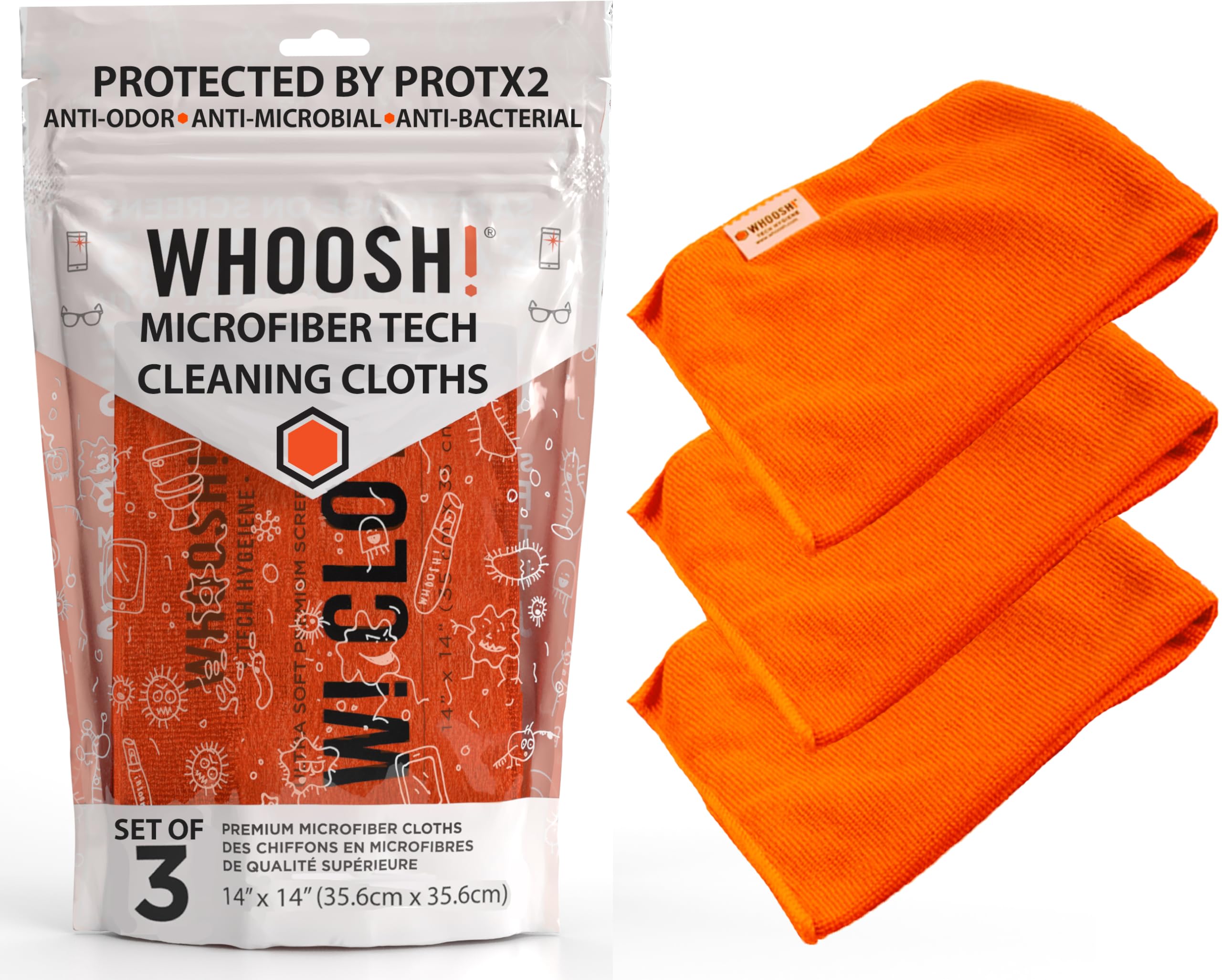 WHOOSH! Microfiber Cleaning Cloth, 3 Pack, Glasses and Screen Cleaning Cloth, Suitable for TV, Car Screen, Computer, Laptop, iPad, MacBook, Smart Phone, Monitor, Watches (14Ã¢ÂÂx14Ã¢ÂÂ), Orange