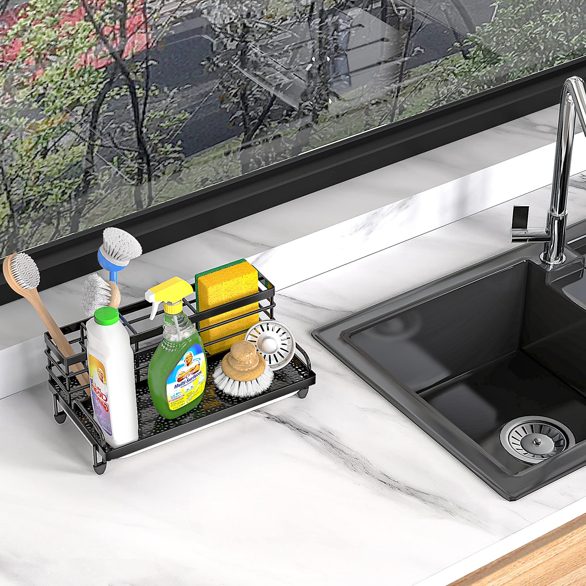 Cisily Large Kitchen Sink Caddy Organizer, Rustproof Non-Slip Soap Dish Dispenser Brush, Sponge Holder for Kitchen Sink, Kitchen Organization and Storage, Home Essentials Accessories（Black）