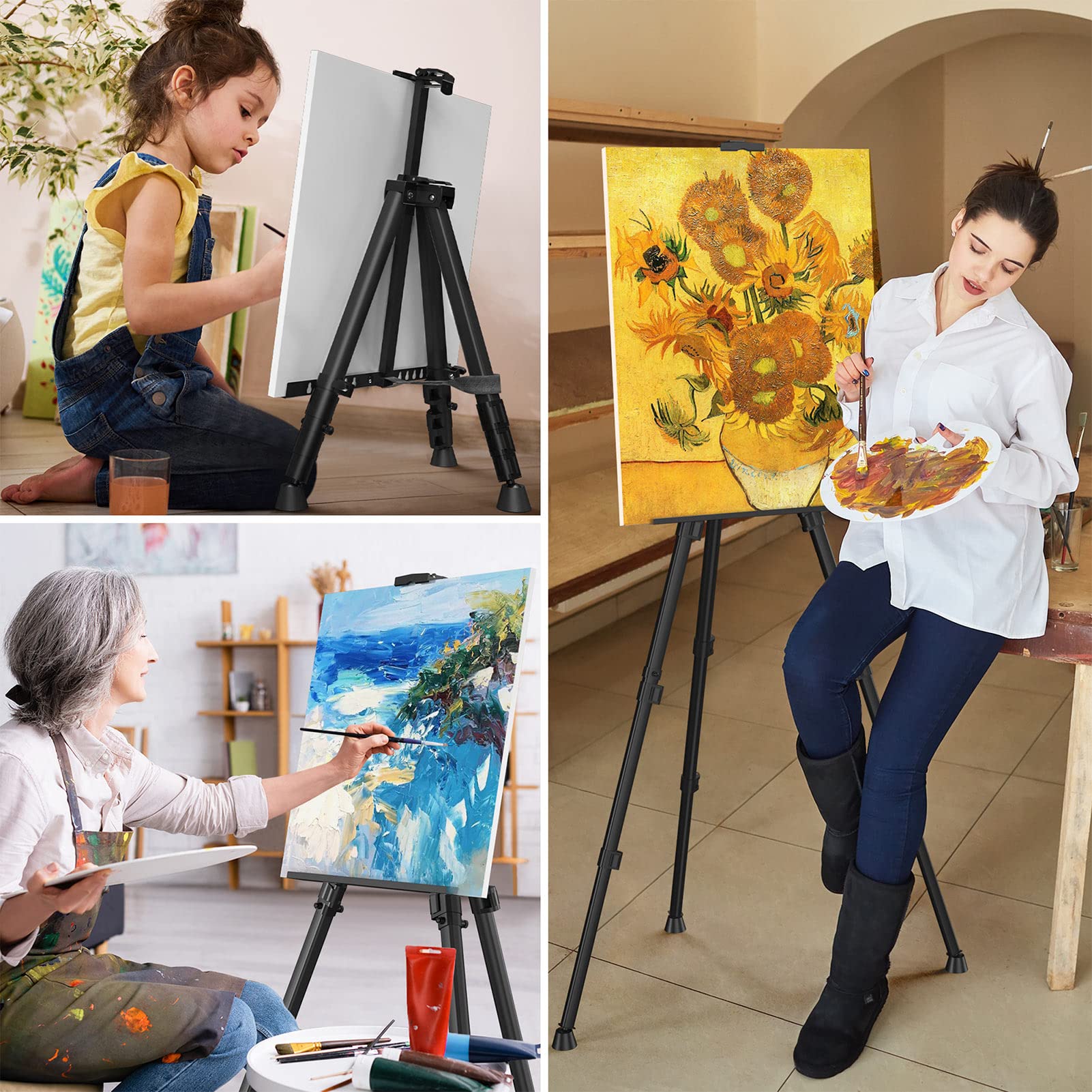 Art Painting Artist Easel Stand, Portable Adjustable Aluminum Metal Tripod Display Easel with Bag, Height from 17 to 66 inch for Table-Top/Floor Drawing and Displaying, Black