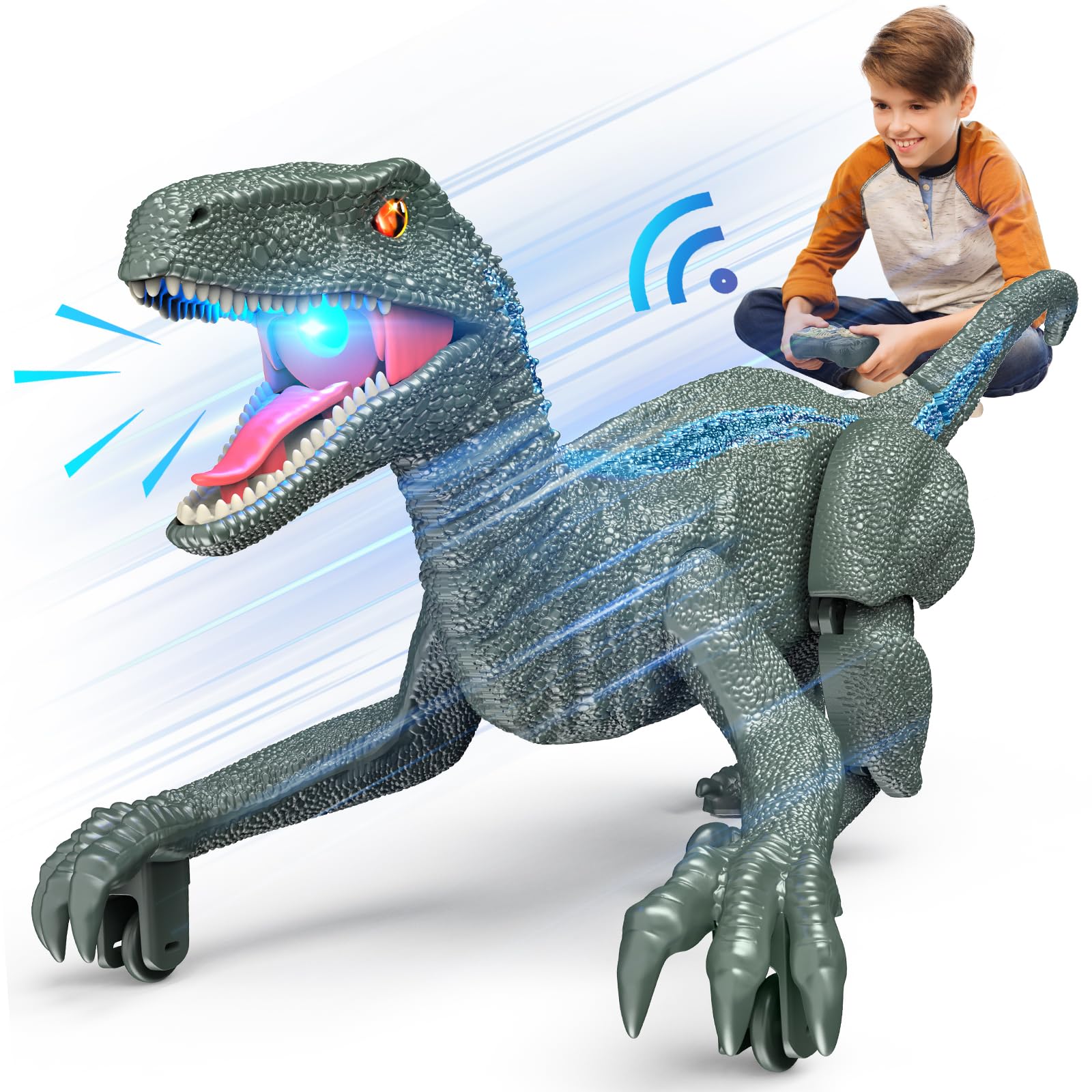 J Rootage Remote Control Dinosaur, Realistic Dinosaur Toys for Kids 3-5, 2.4GHZ, Walking,Rechargeable, 3D Eyes, 3 Sound Effects, Demo Function, Jurassic Toys for Christmas, Kids 3+