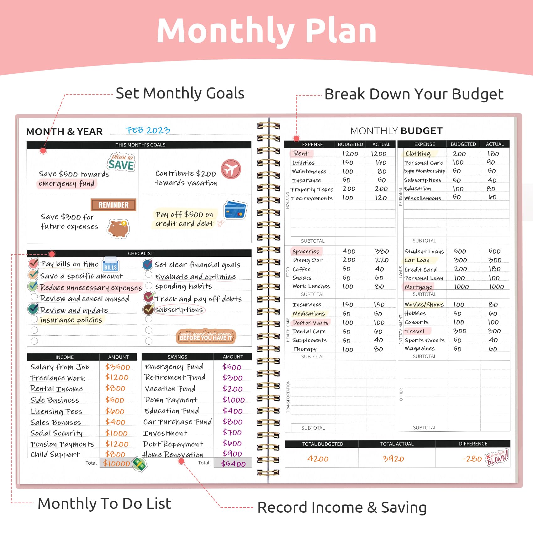 Budget Planner - Monthly Budget Book with Expense Tracker Notebook, Undated Bill Organizer & Finance Planner to Take Control of Your Money, 2025-2026 Account Book to Manage Your Finances-Pink