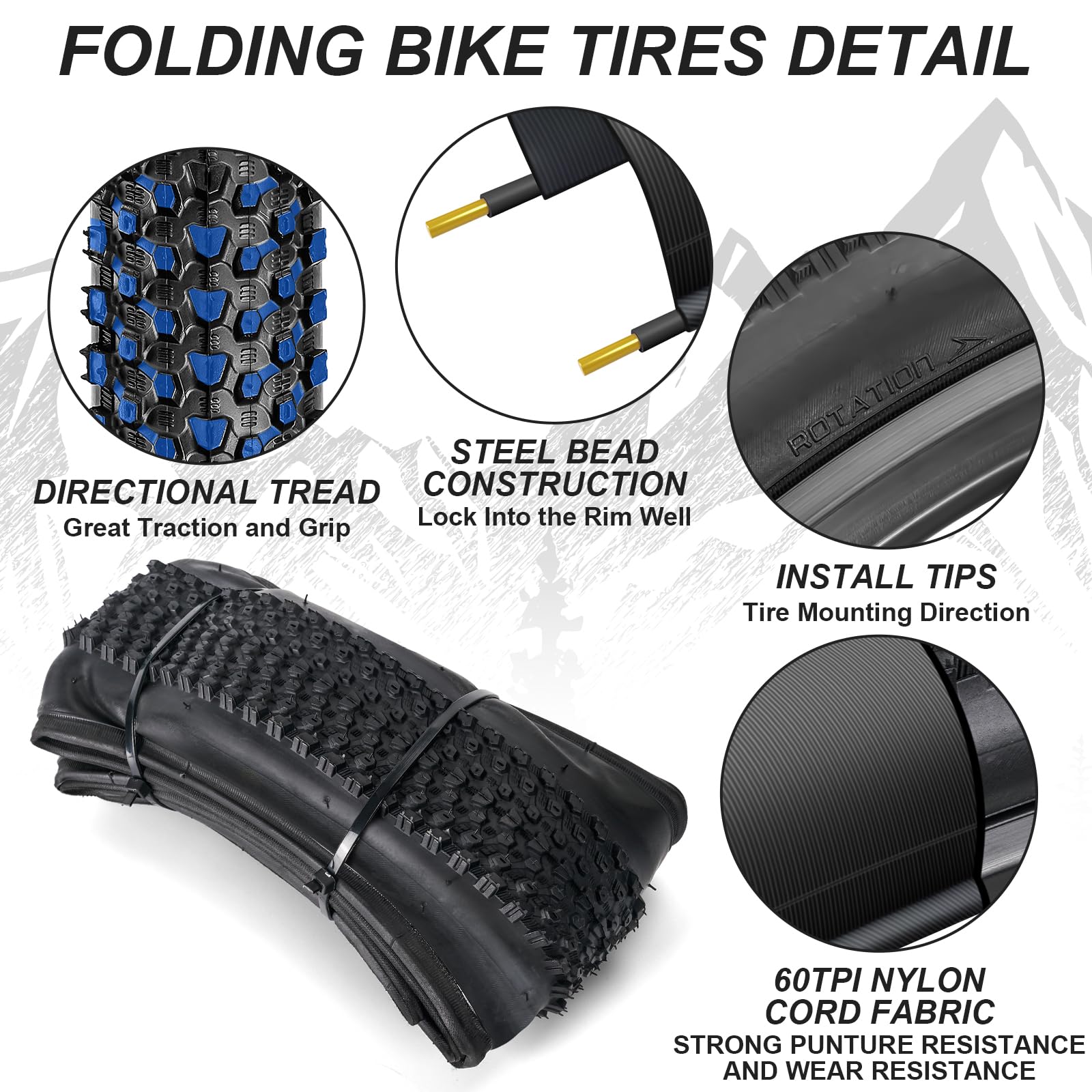 Hapleby 2PCS Premium Folding Bike Tires 26x1.95 Inch (50-559mm), Replacement Mountain Bike Tires 60 TPI Puncture-Resistant, Came with 2PCS Tire levers