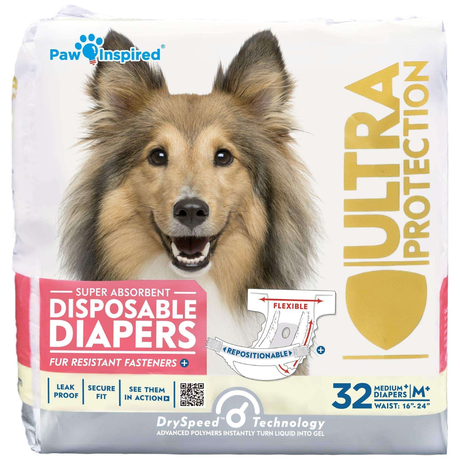 Paw Inspired 32ct Disposable Dog Diapers | Female Dog Diapers Ultra Protection | Diapers for Dogs in Heat, Excitable Urination, or Incontinence (Medium)