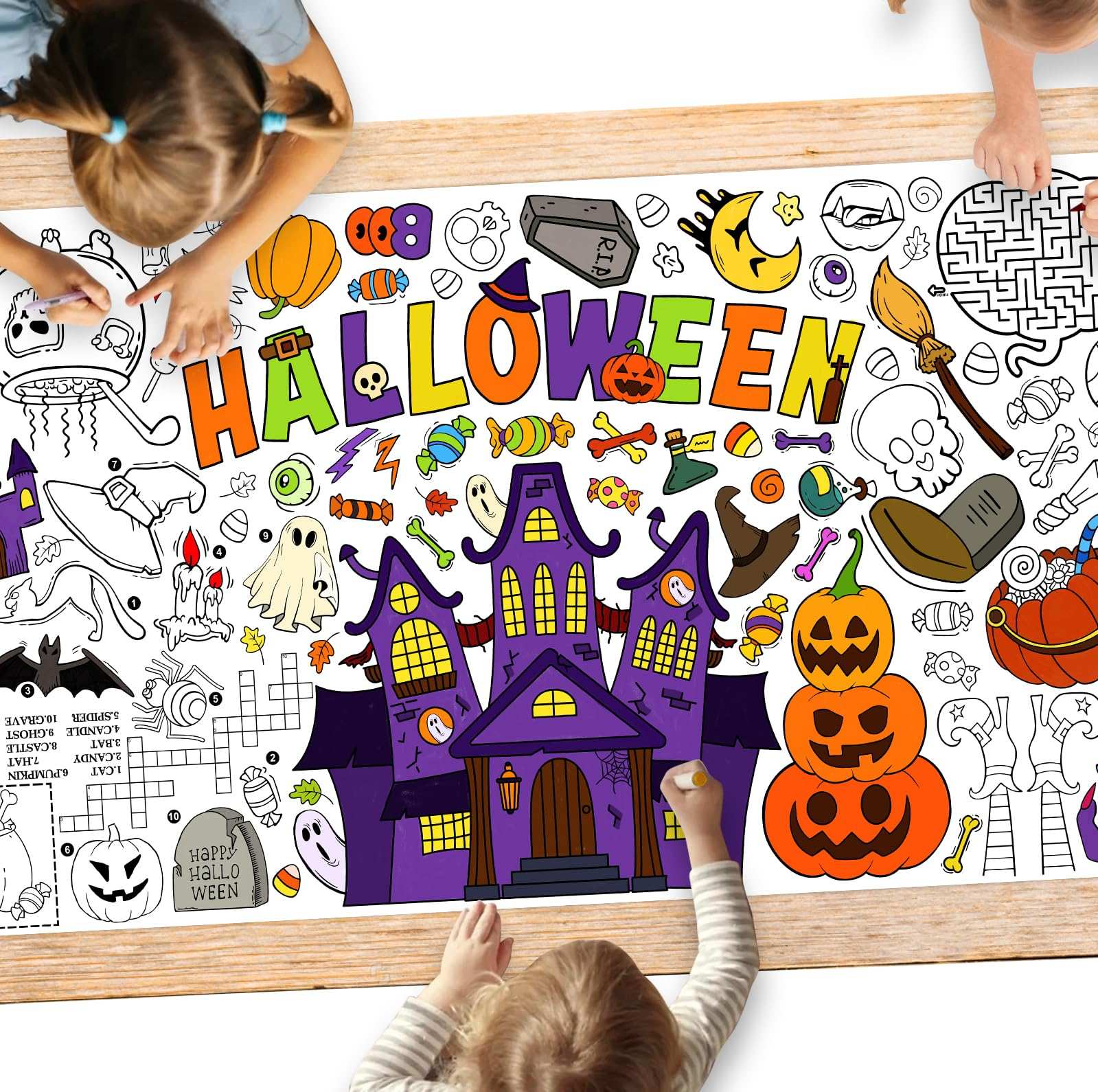 Gatherfun Halloween Activity Poster - 31.5 x 72 Inches,Halloween Party, Versatile Paper Coloring Banner/Table Cover for School Party Halloween Decoration