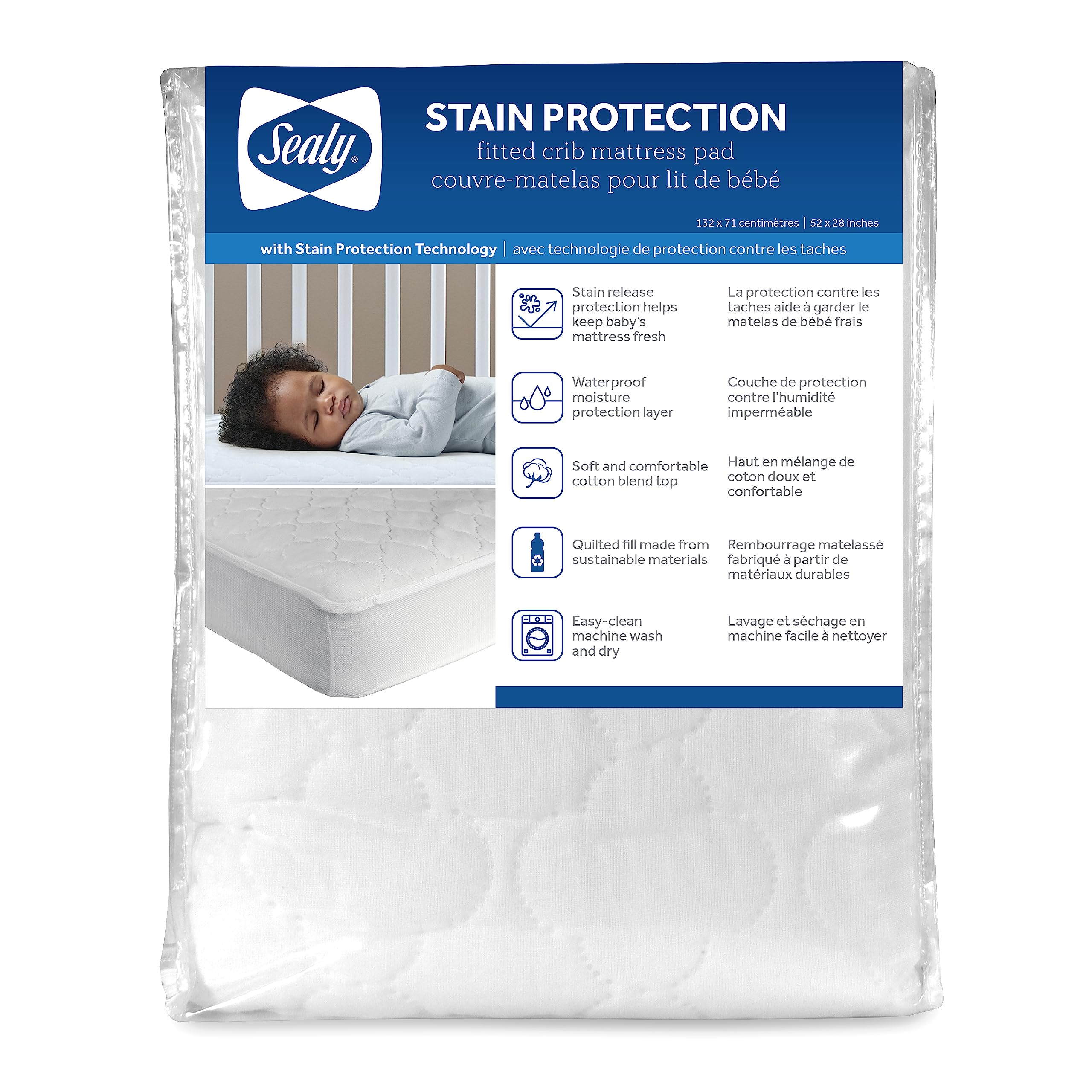 Sealy Baby Stain Protection Fitted Waterproof Baby Crib Mattress Protector, Crib Mattress Topper, Crib Mattress Pad, Toddler Bed Mattress Protector, Machine Washable/Dryer Friendly, 52Ã¢ÂÂ x 28Ã¢ÂÂ- White