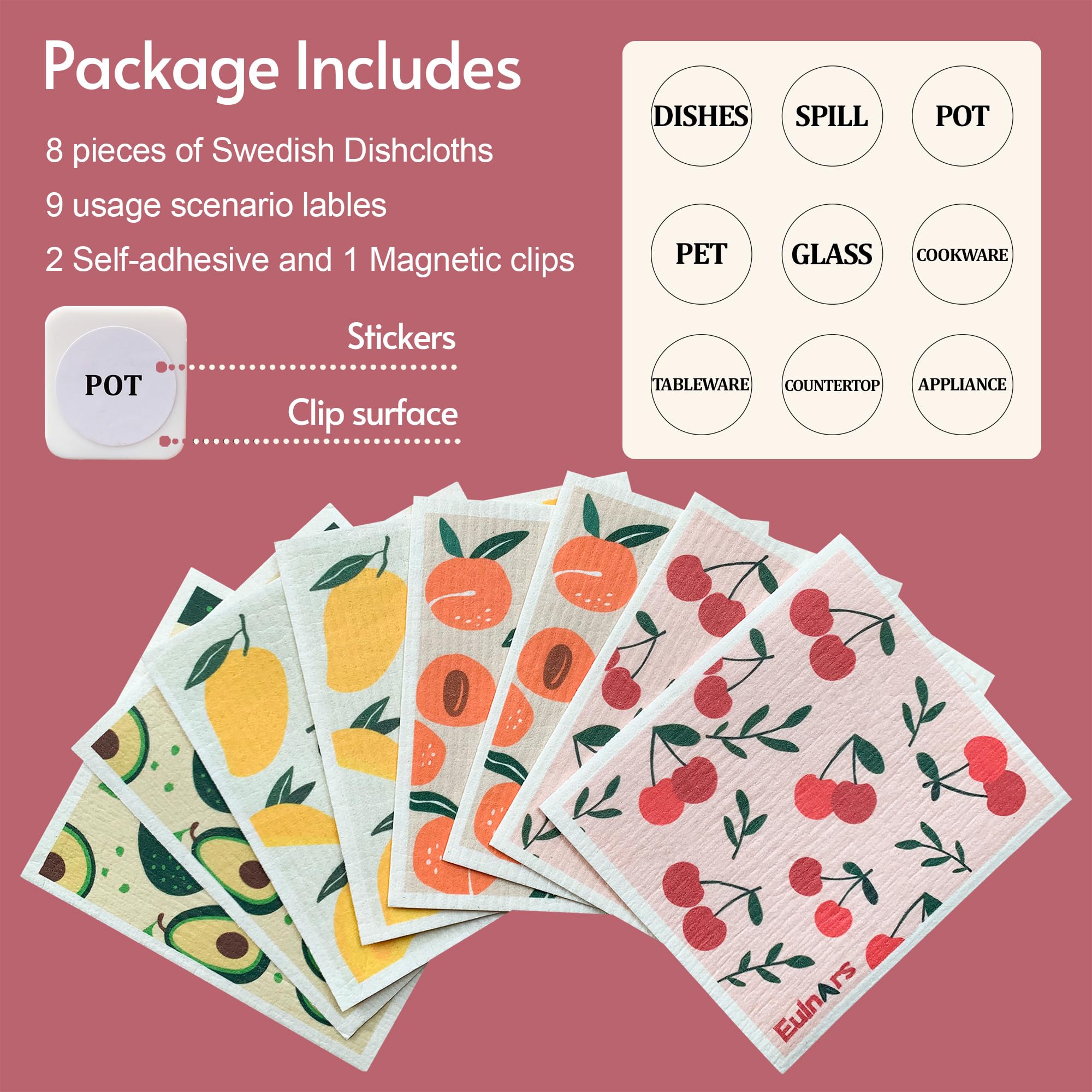 Eulnars Swedish Dishcloths for Kitchen, 8 Pack Reusable Paper Towels with Clips, Non-Scratch Swedish Kitchen Towels, Super Absorbent Cellulose Sponge Cloths, Dishwasher Safe, No Odor