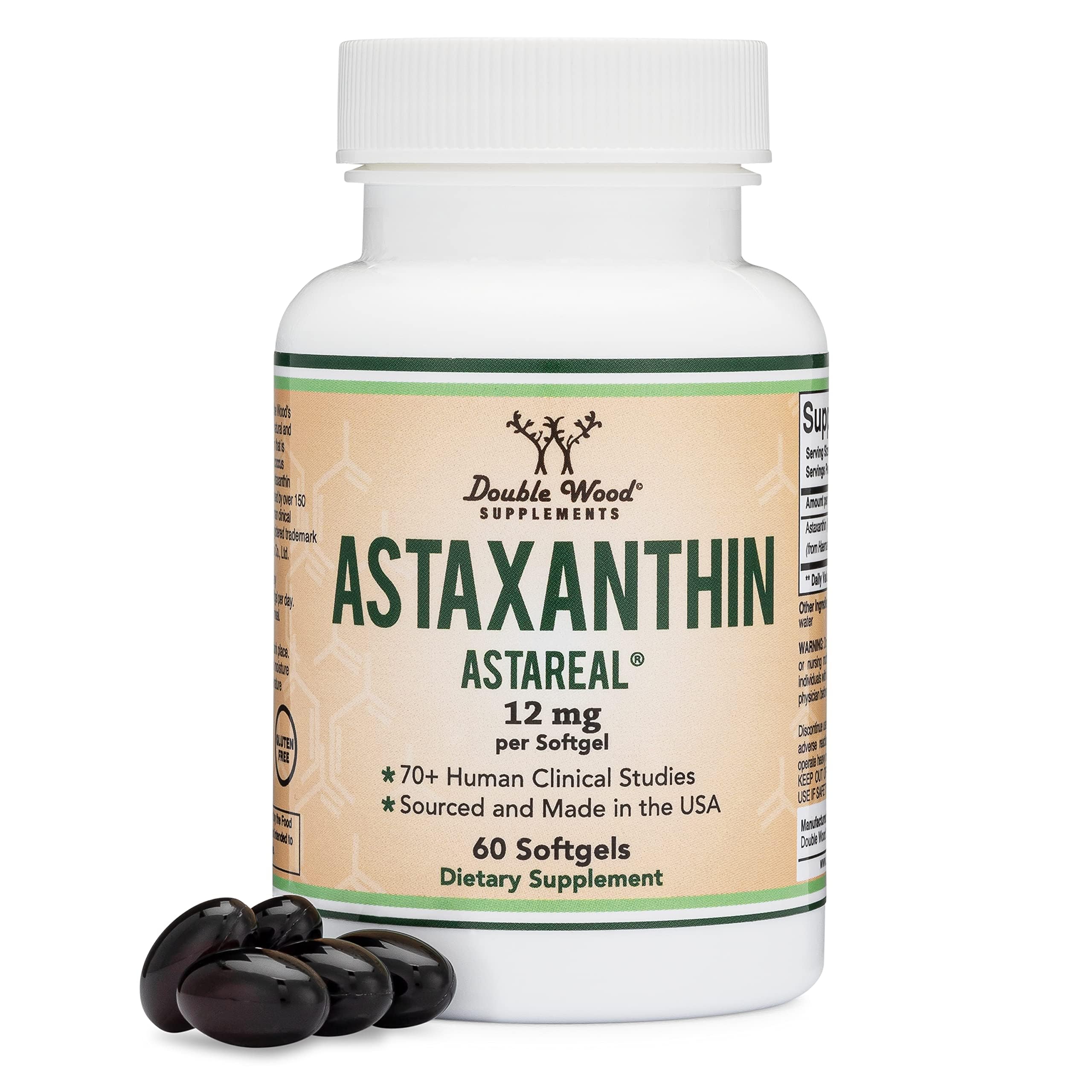 Astaxanthin 12mg maximale Stärke (Nur patentiertes Astaxanthin (Astrareal) mit über 70 humanen klinischen Studien – weltweit meistuntersuchte Marke) Angebaut, geerntet und hergestellt in den USA (Astaxantina) von Double Wood