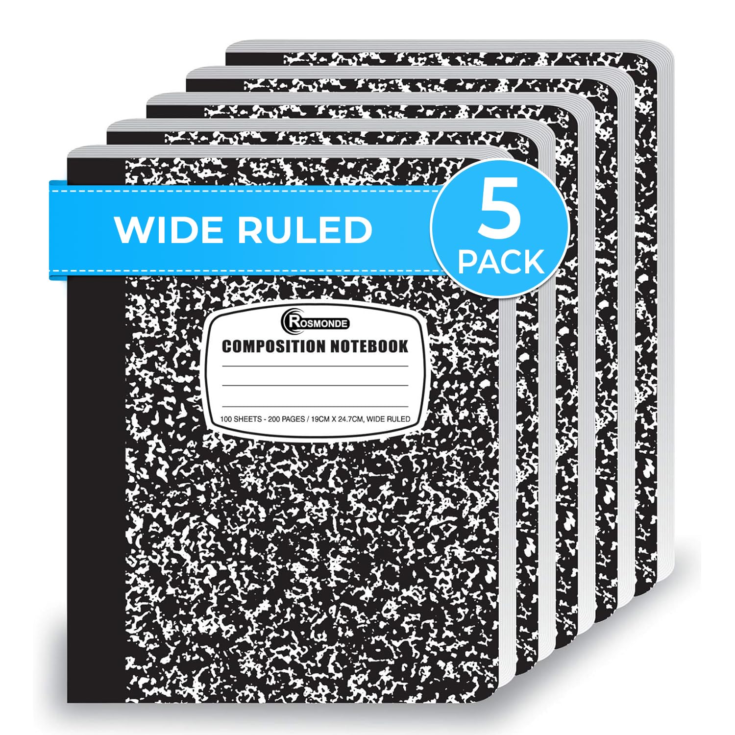 Rosmonde Composition Notebook Wide Ruled 5 Pack, 200 Pages (100 Sheets), 9-3/4 x 7-1/2, Back to School Supplies, Notebooks for School, Office Supplies, Notebooks for Work, The Notebook for Note Taking