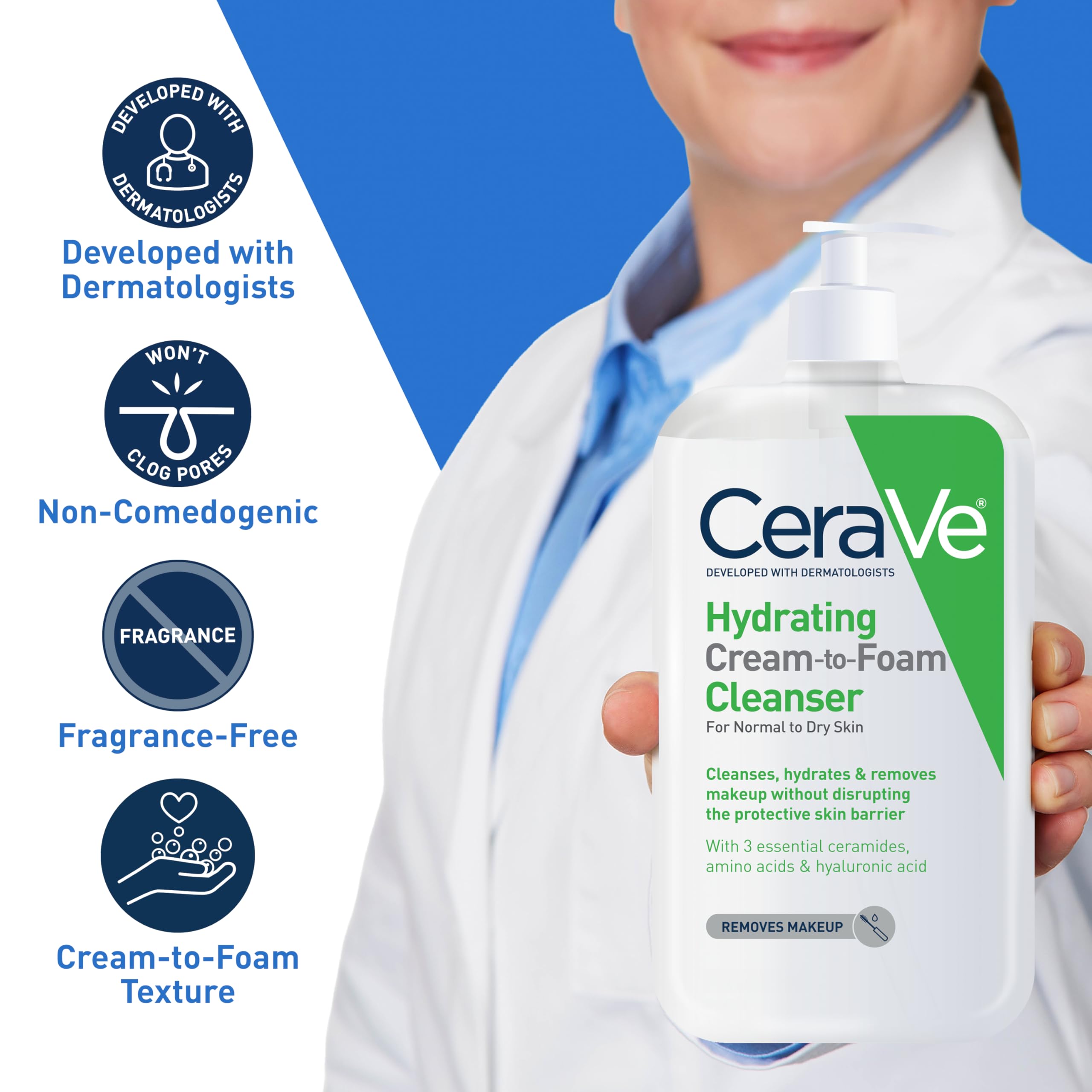 CeraVe Hydrating Cream To Foam Cleanser | Makeup Remover Face Wash For Dry Skin | Foaming Facial Cleanser With Hyaluronic Acid | Normal To Dry Skin | Fragrance Free & Non Comedogenic | 19 Fluid Ounce